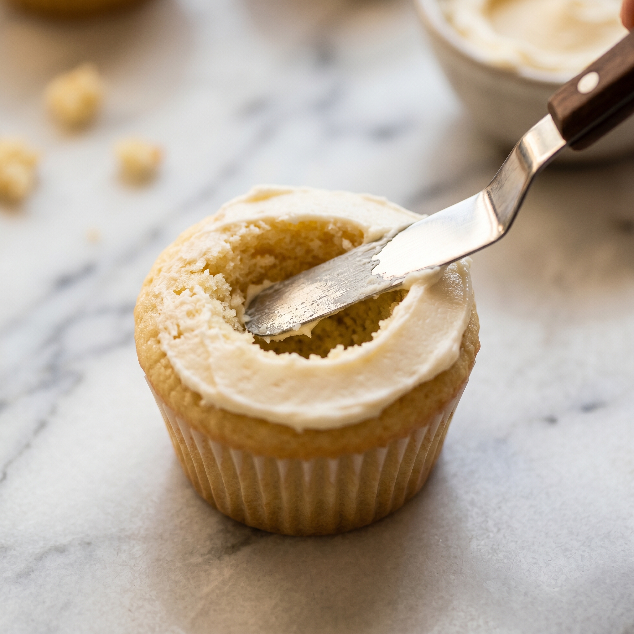 A small offset spatula spreading a thin layer of white buttercream inside a cupcake core to create a moisture barrier before filling