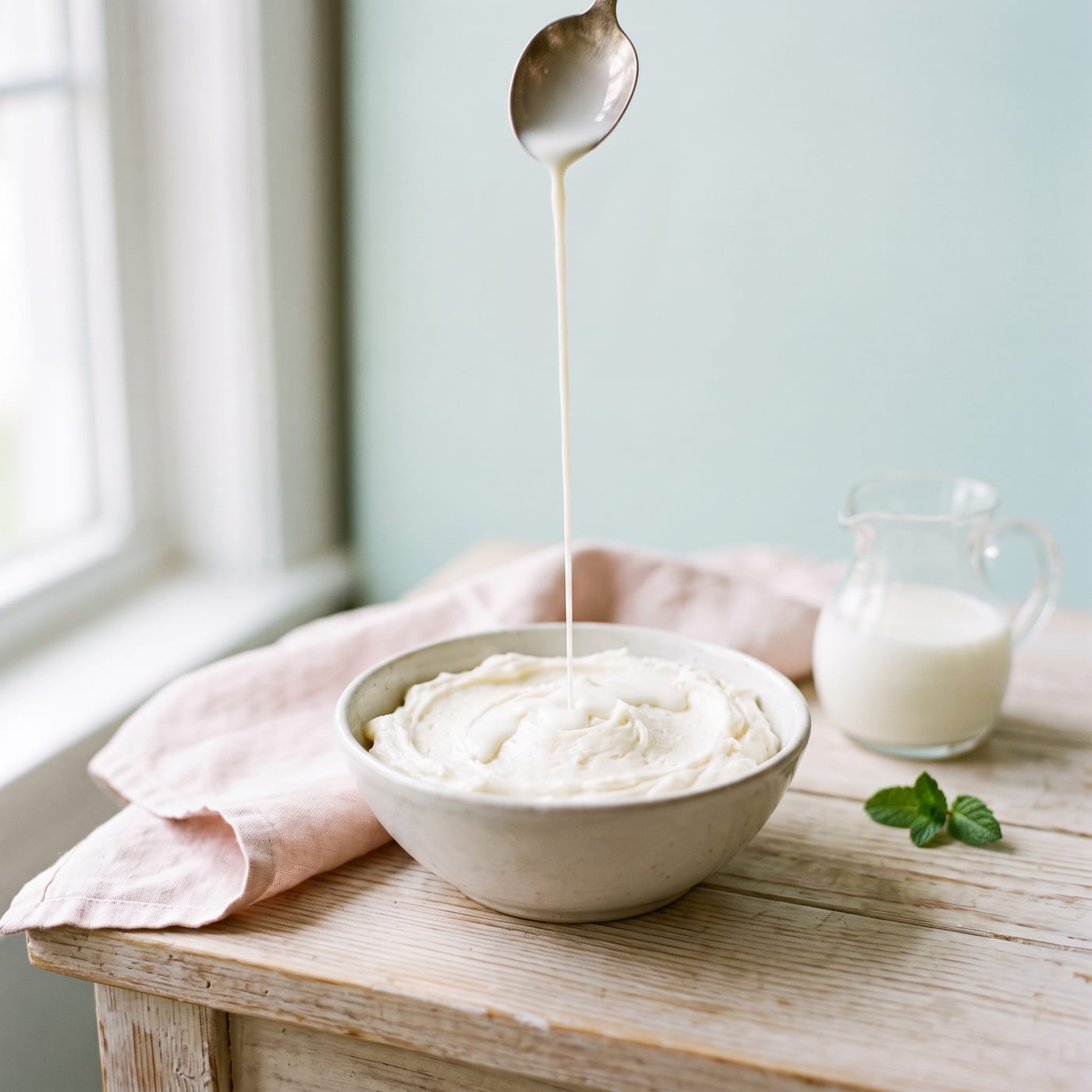 Spoon drizzling milk into a bowl of thick white frosting to loosen its texture