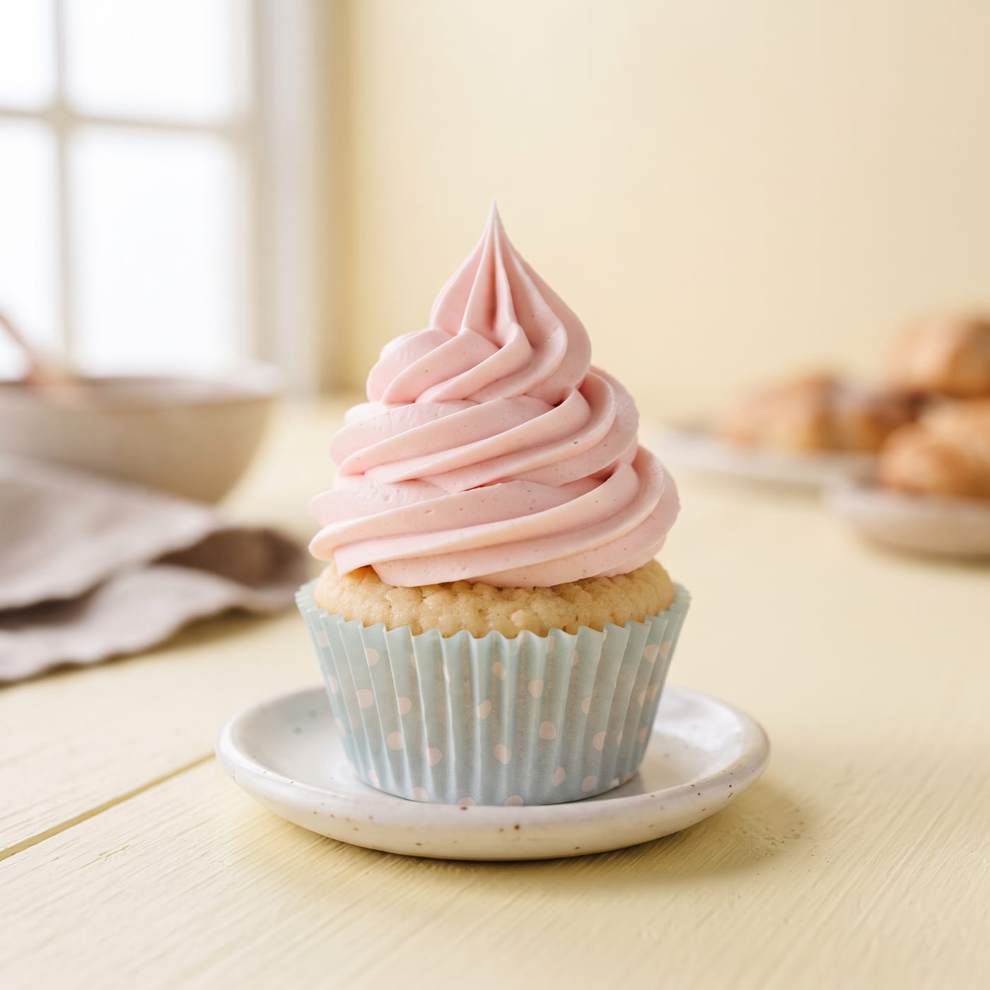 Close up of a tall swirled frosting peak piped on a cupcake showing firm stable texture