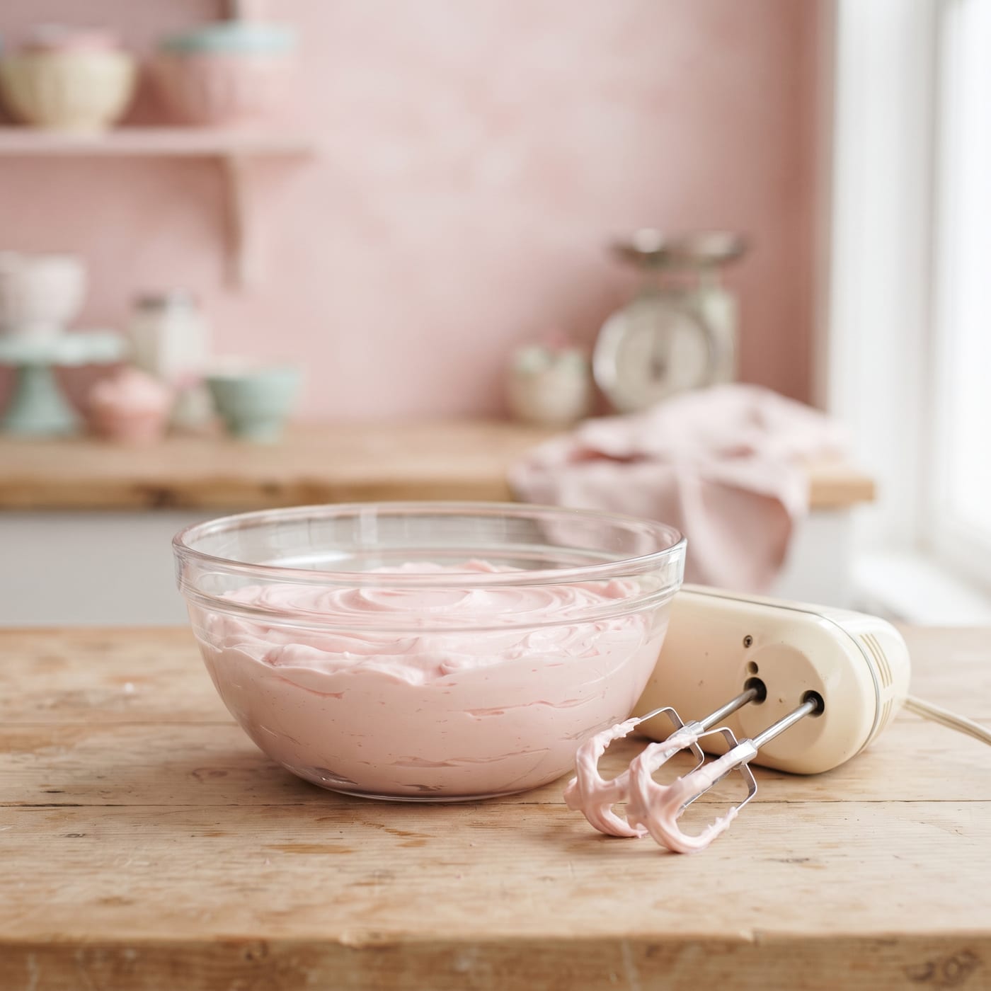 Bowl of smooth pale pink frosting being beaten with a hand mixer on a light wood counter