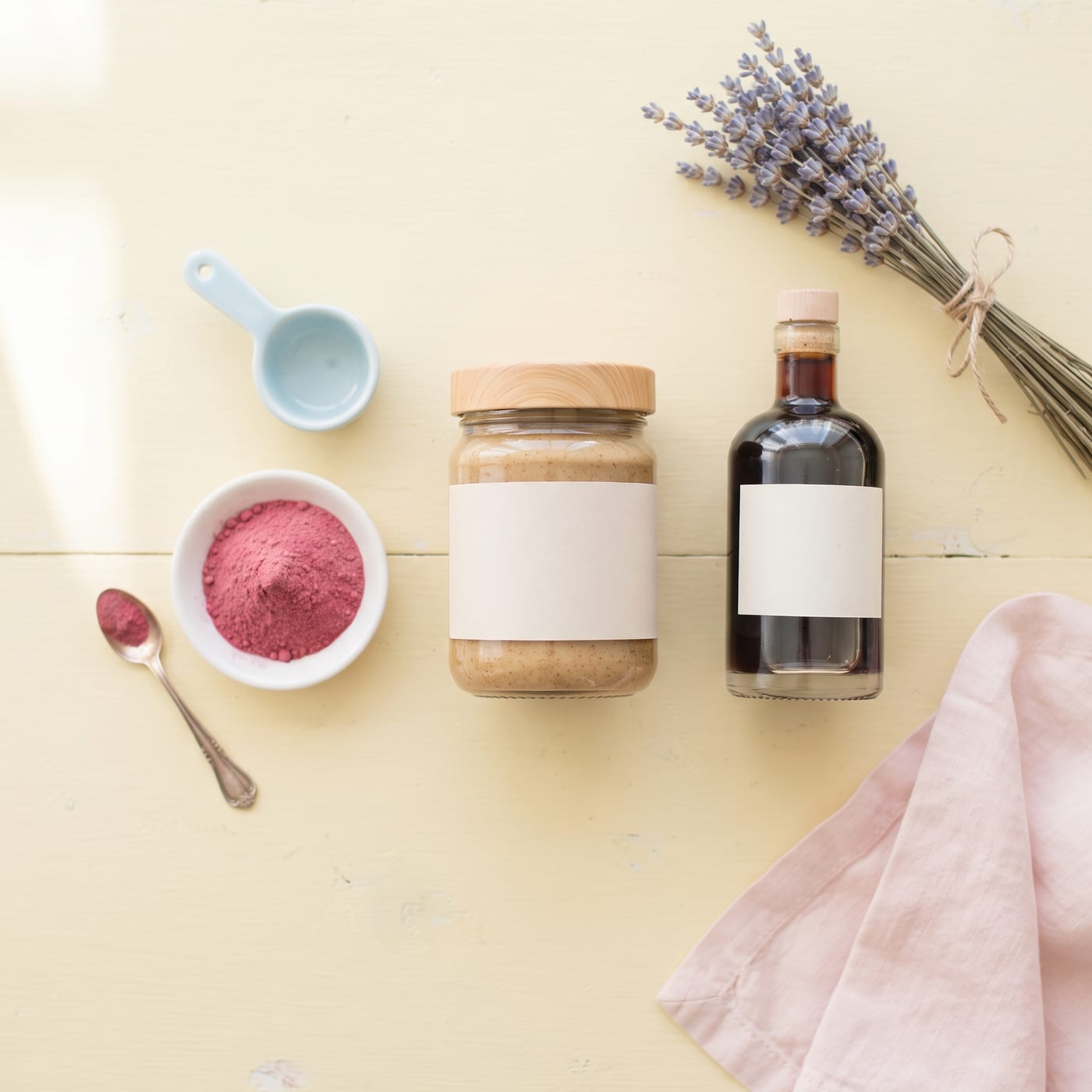 Sunflower seed butter and beet powder ingredients laid out for nut-free dye-free cupcake batter