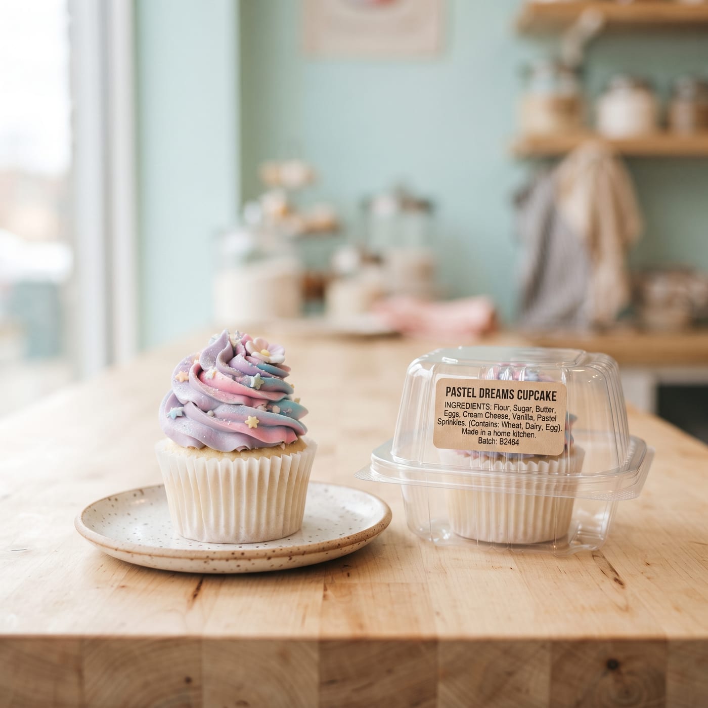 Close up of one cupcake with a printed nut-free dye-free ingredient label taped to a container lid