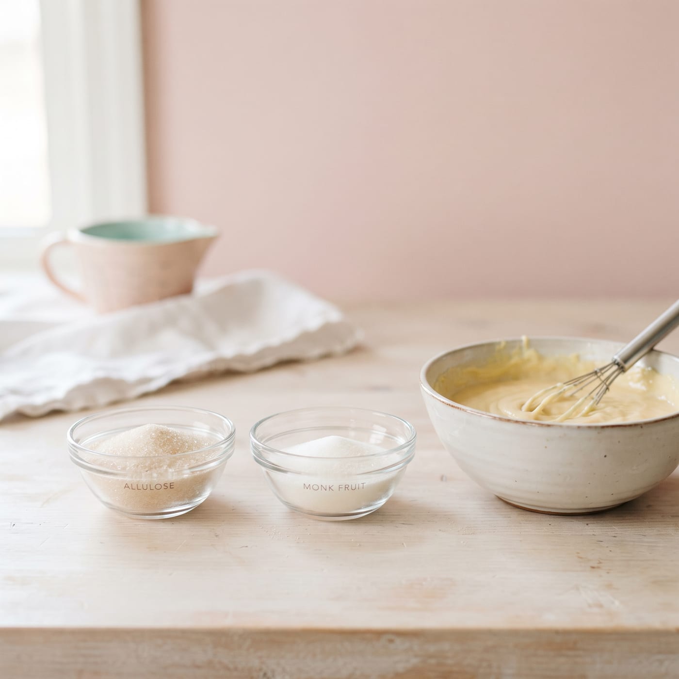 Small bowls of allulose and monk fruit sweetener next to a mixing bowl of cupcake batter