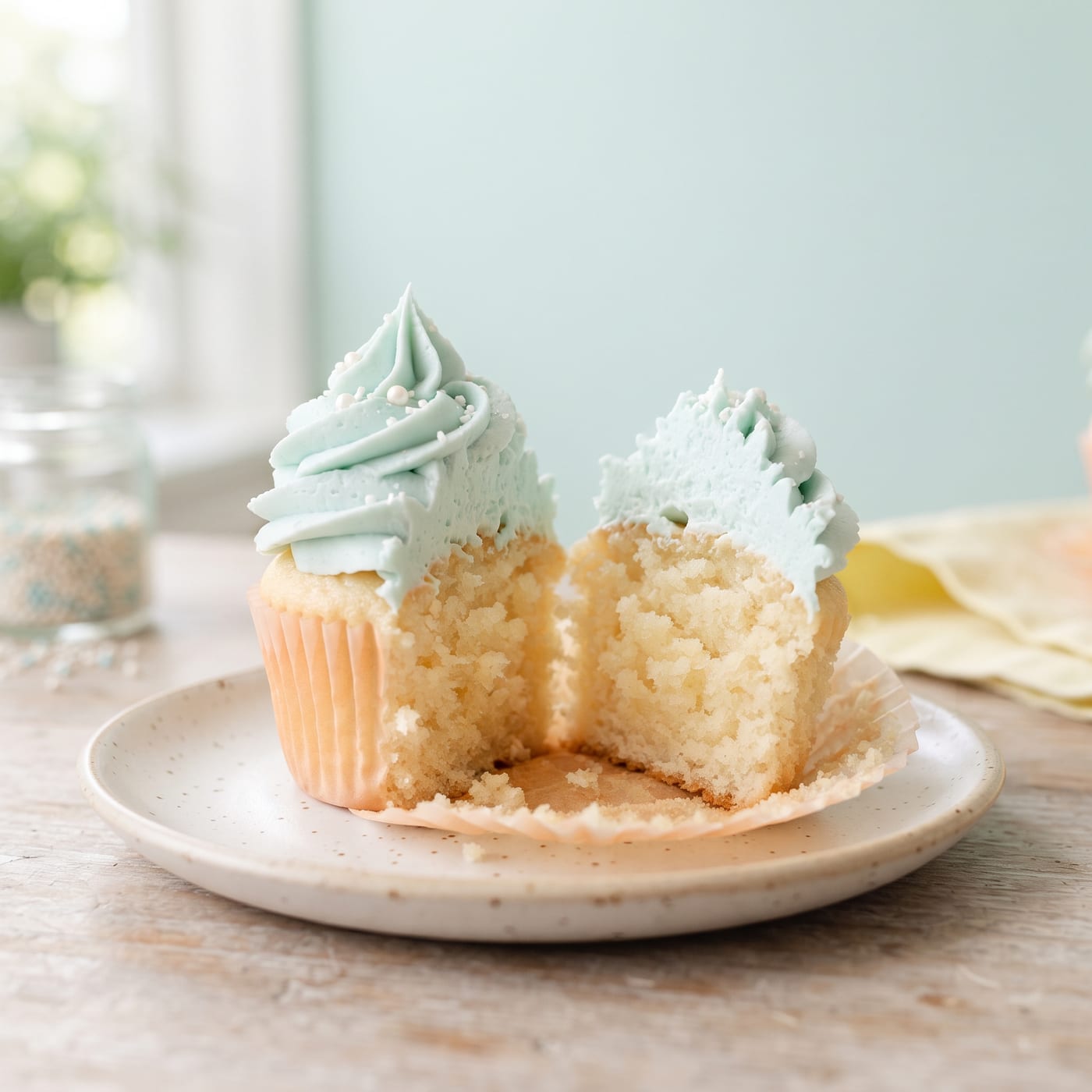 Close up of a single low-sugar cupcake crumb showing a moist soft texture