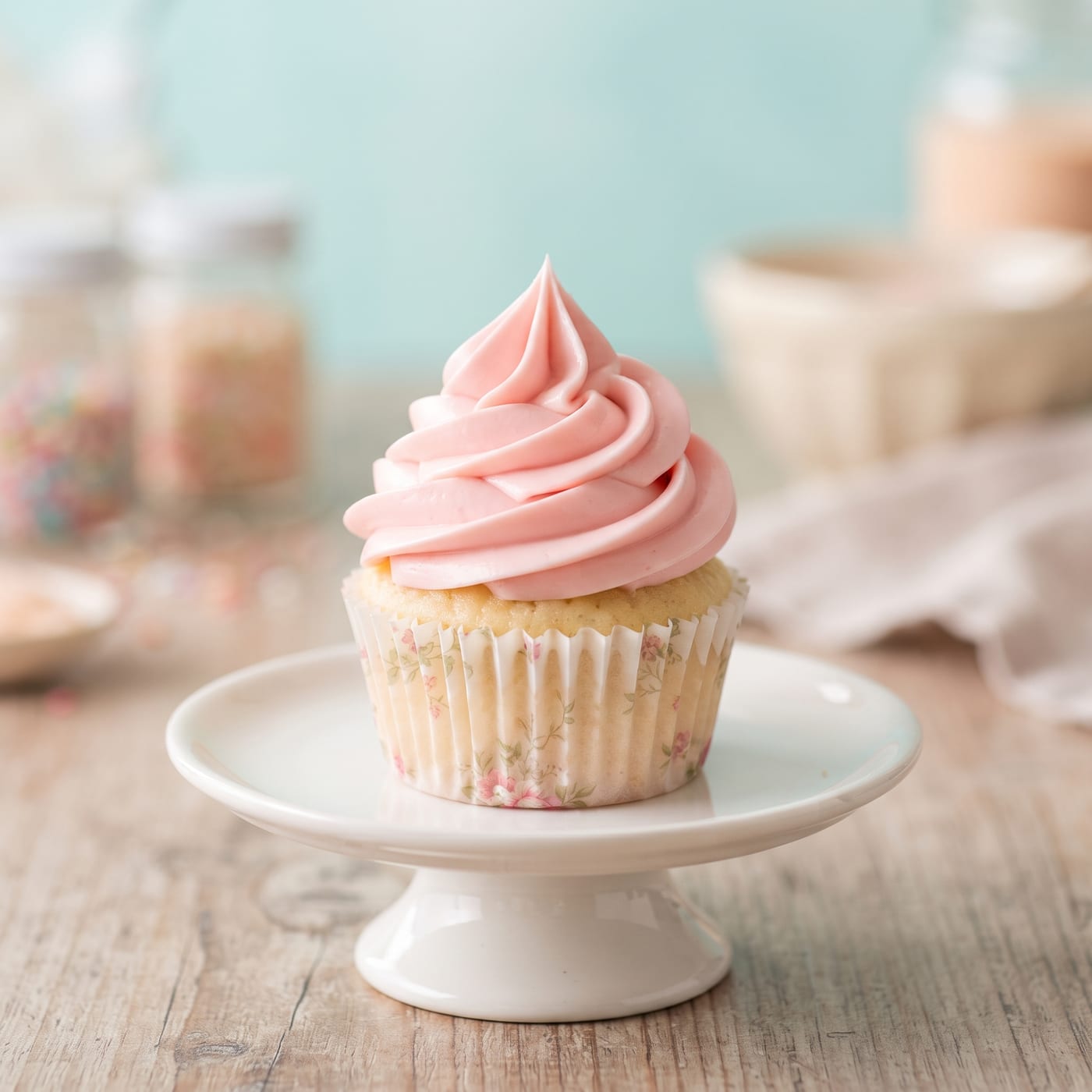 Tall swirl of smooth silky buttercream piped high on a cupcake with no bubbles or lumps
