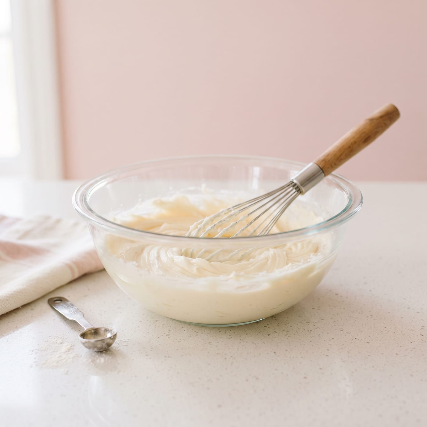 Mixing bowl with butter and shortening blended smooth for stable frosting