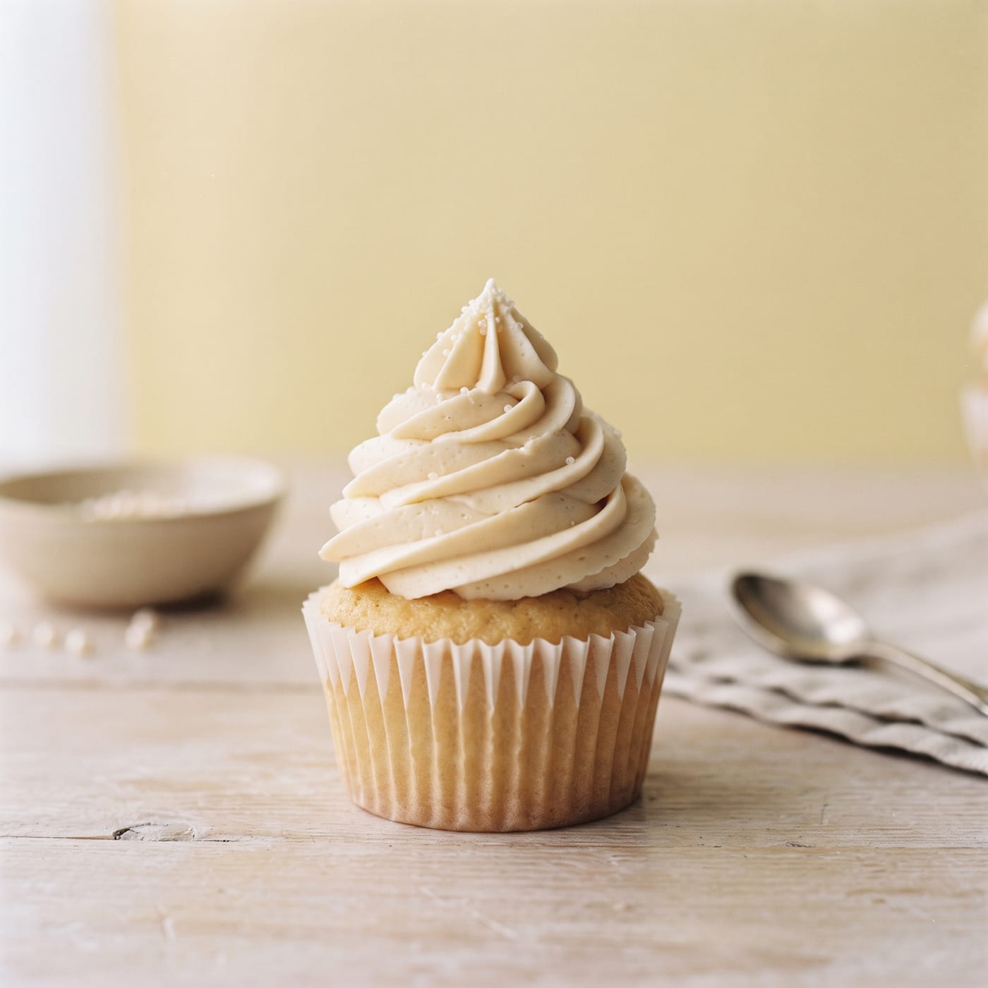 Tall swirled cupcake frosting holding a firm shape on a warm day