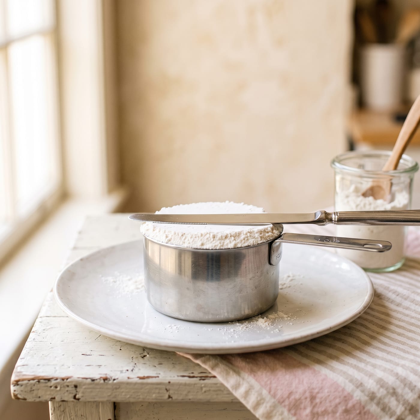 Spoon leveling flour across the top of a measuring cup