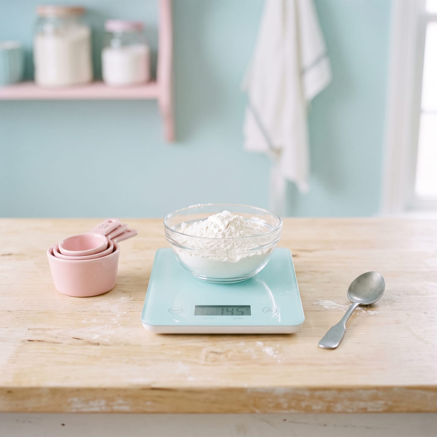 Kitchen scale weighing flour next to measuring cups on a bakery counter