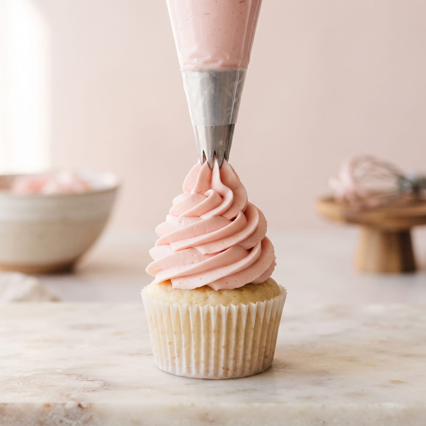 Piping bag held at a straight angle over a cupcake mid swirl