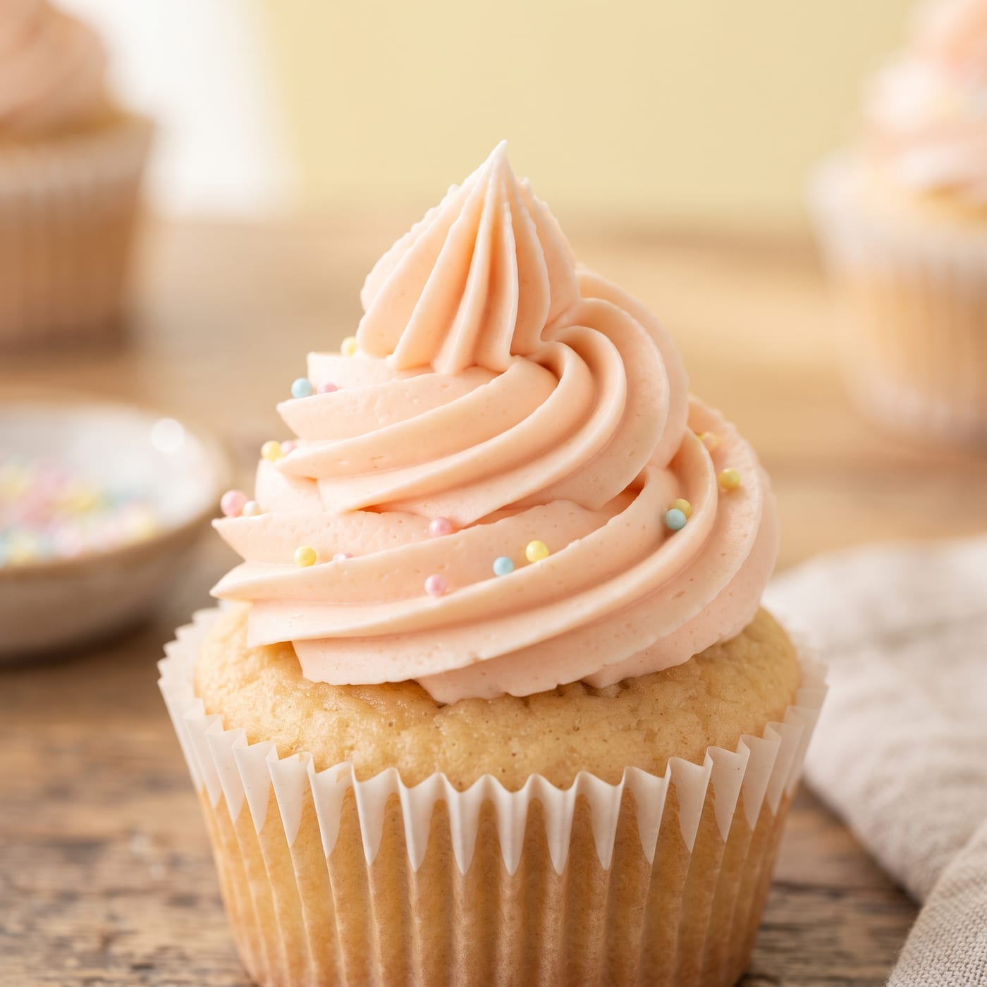 Close up of clean ridged swirl peak on a frosted cupcake