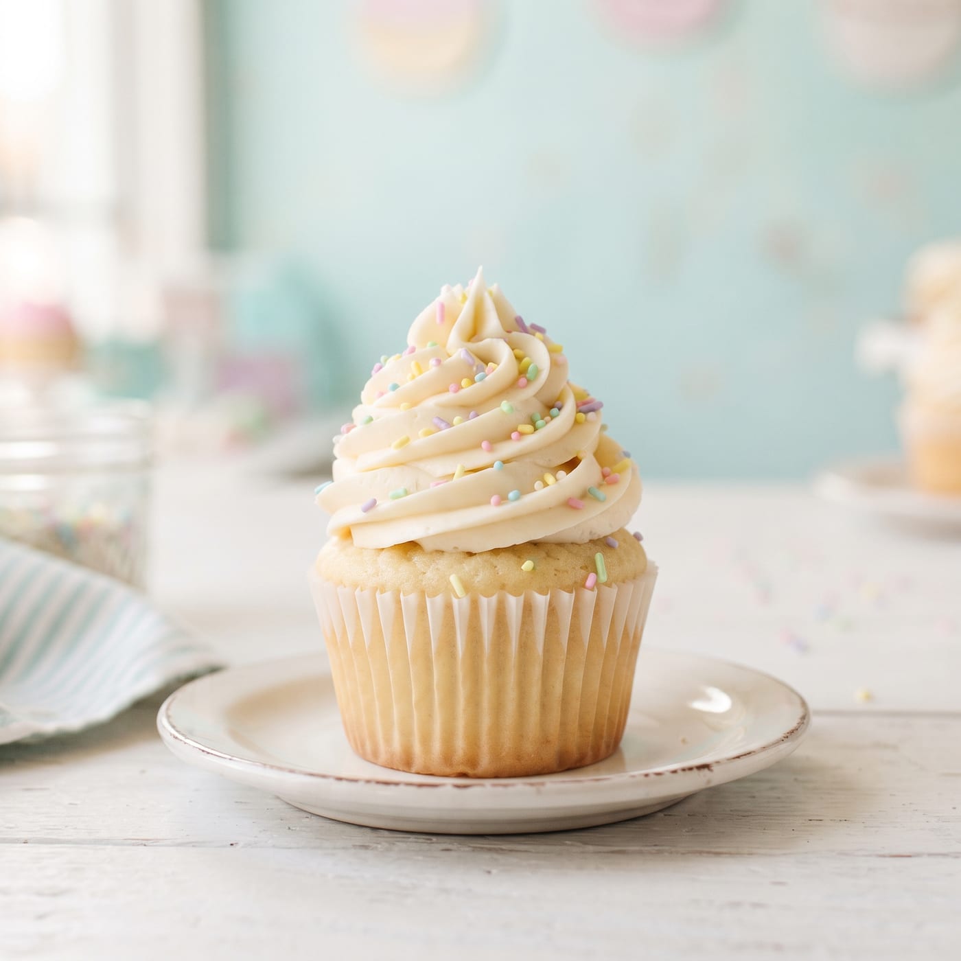 Tall swirled frosting piped high on a cupcake with pastel background