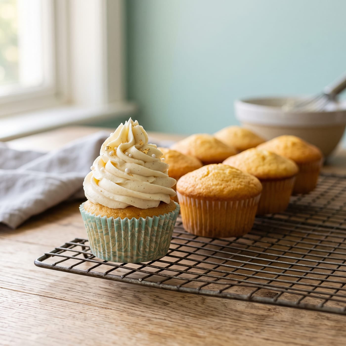 Row of baked cupcakes with golden domed tops cooling on a wire rack