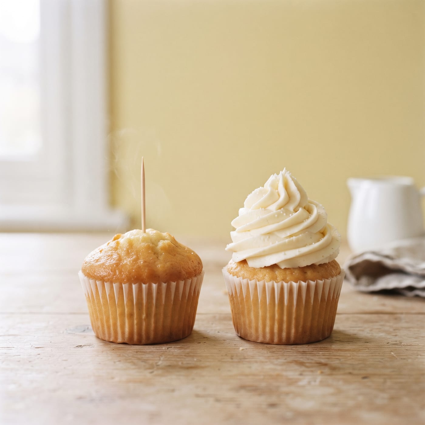 Hand held toothpick inserted into a golden cupcake with tall swirled frosting nearby