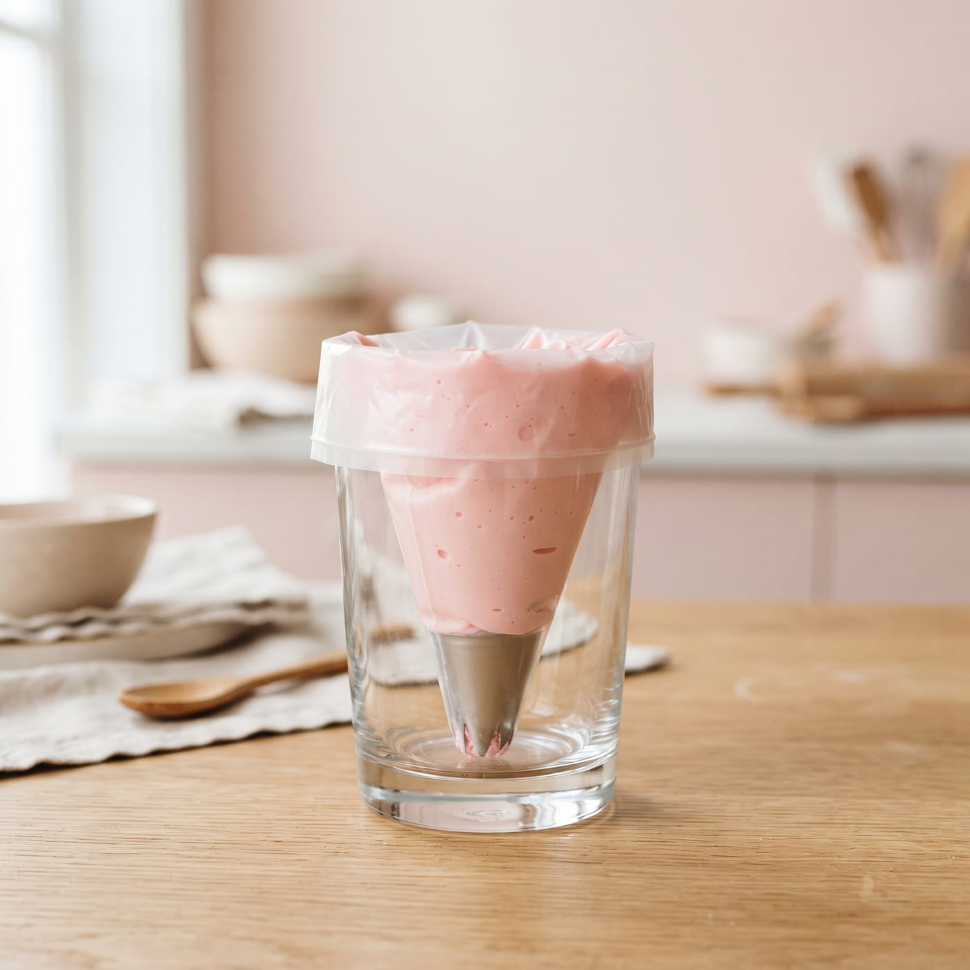 Piping bag folded into a cuff and filled with frosting over a glass, ready for clean piping