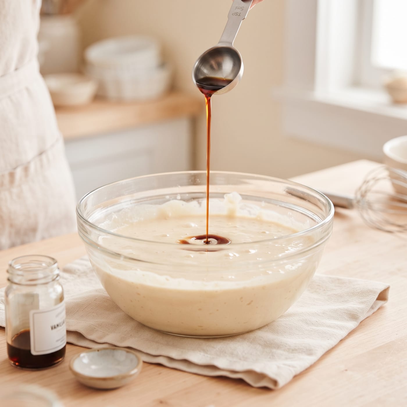 Measuring spoon adding vanilla extract into a bowl of cupcake batter