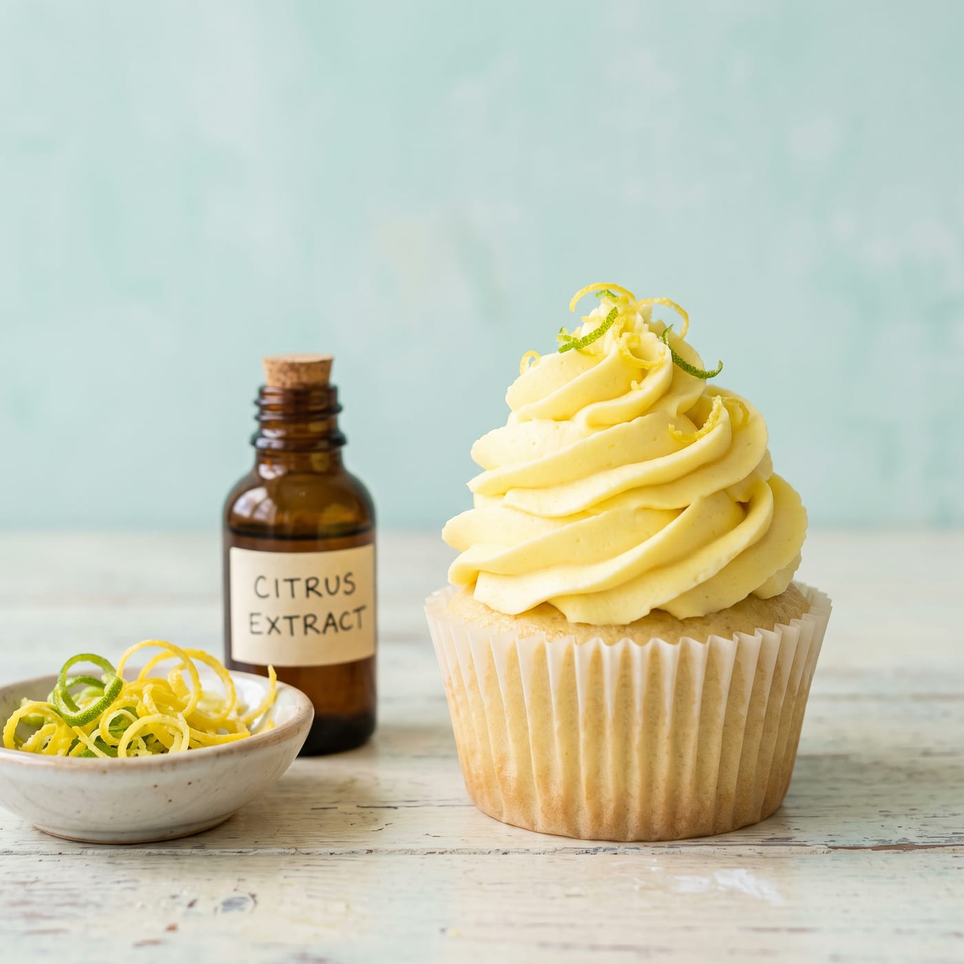 Close up of citrus zest and extract bottle beside a frosted cupcake