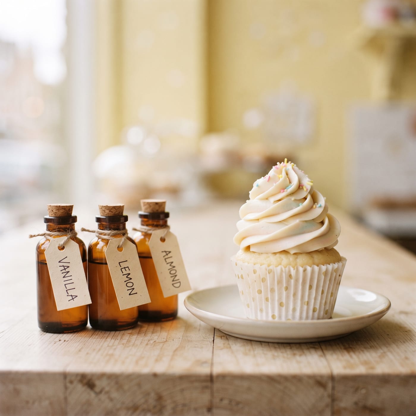 Small glass bottles of vanilla, almond, and citrus extract next to a piped cupcake