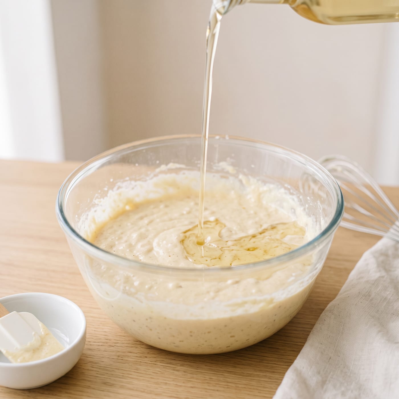 Pouring neutral oil into a bowl of cupcake batter