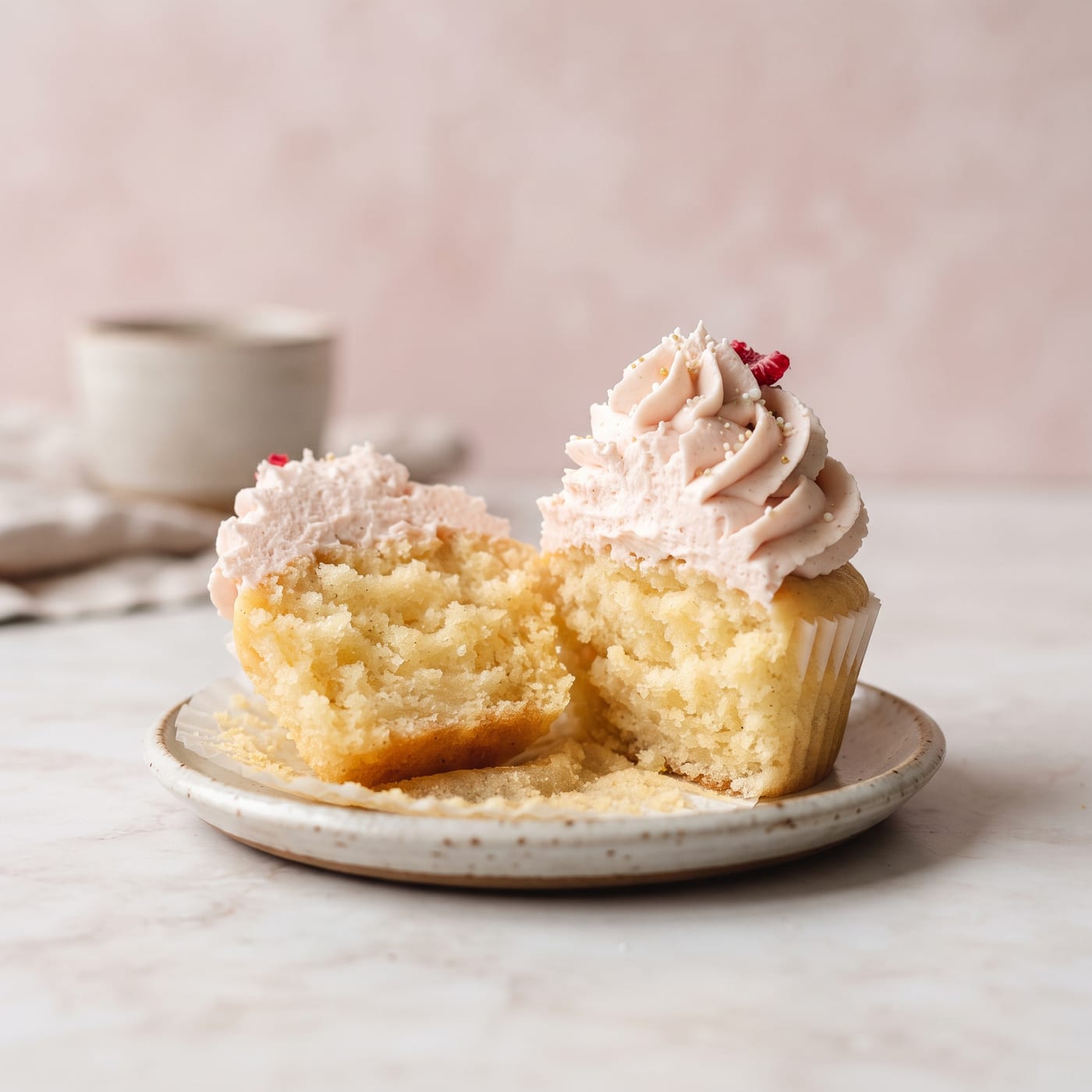 Close up of a moist cupcake crumb split open on a plate