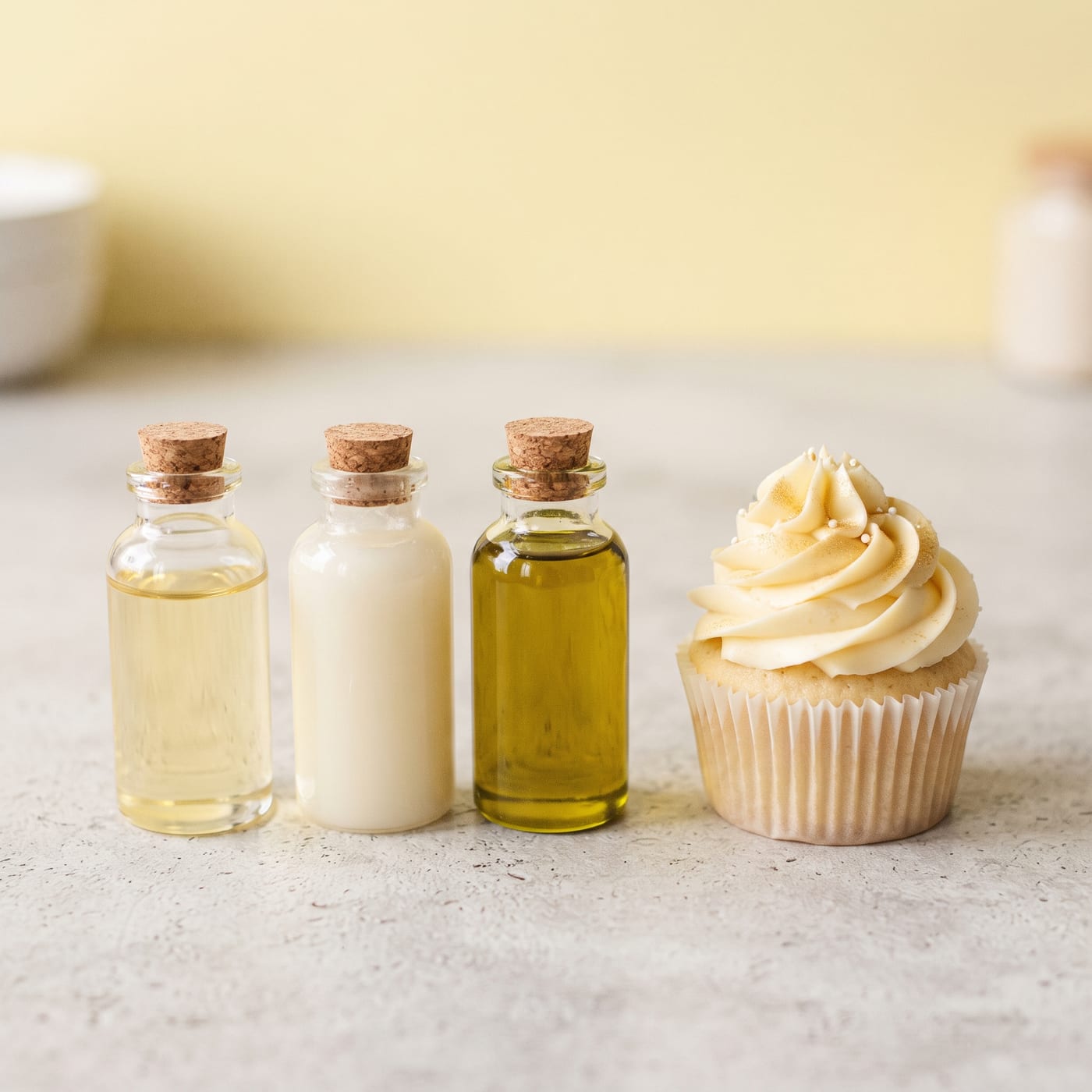 Three small glass bottles of sunflower, coconut, and olive oil next to a frosted cupcake
