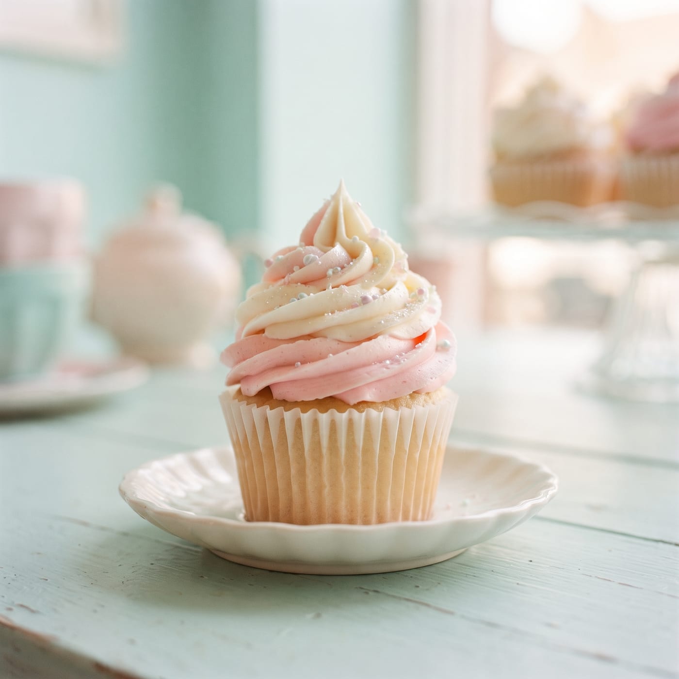 Cupcake with tall pink and white ombre frosting swirl on a pale aqua background