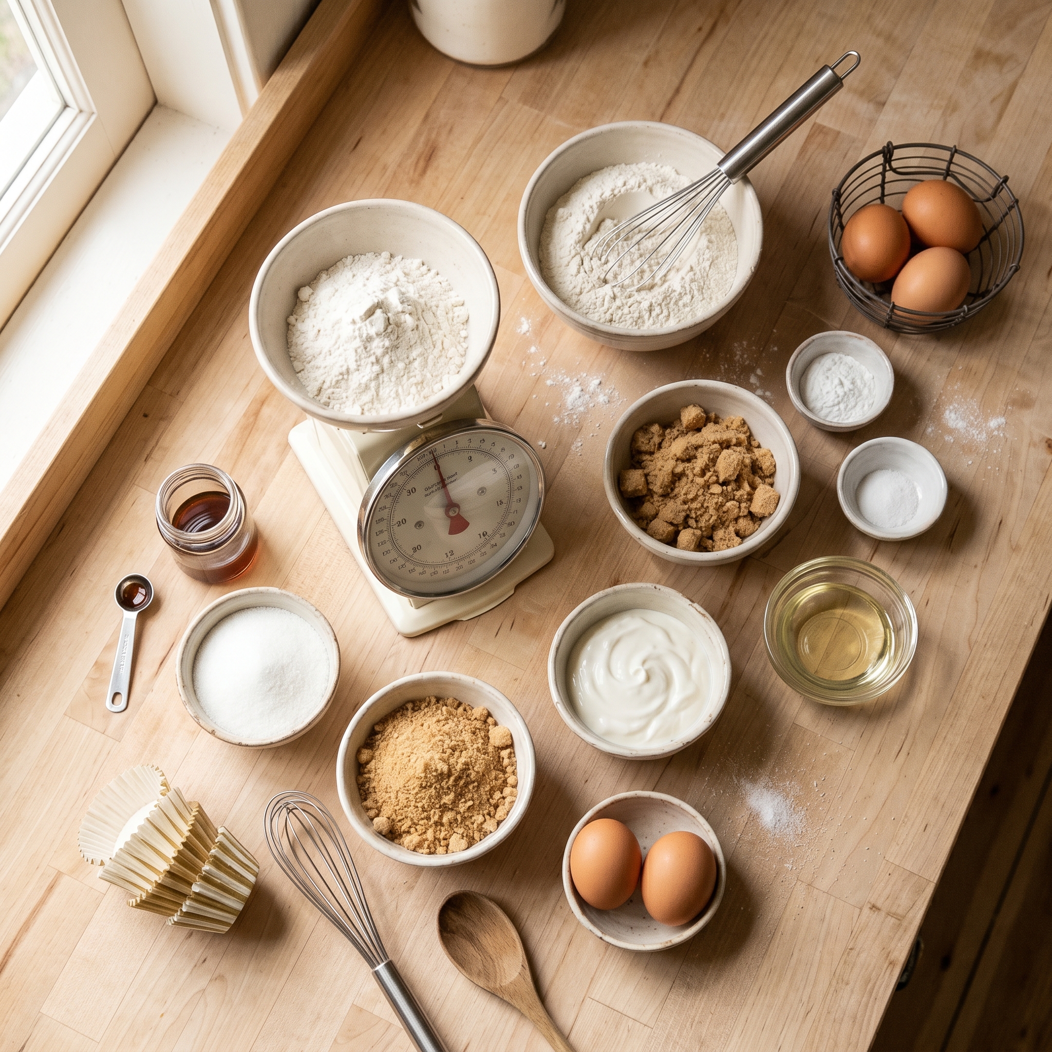 Measuring ingredients for cupcake batter with a kitchen scale, small bowls of flour, oil, and brown sugar on a light wood countertop