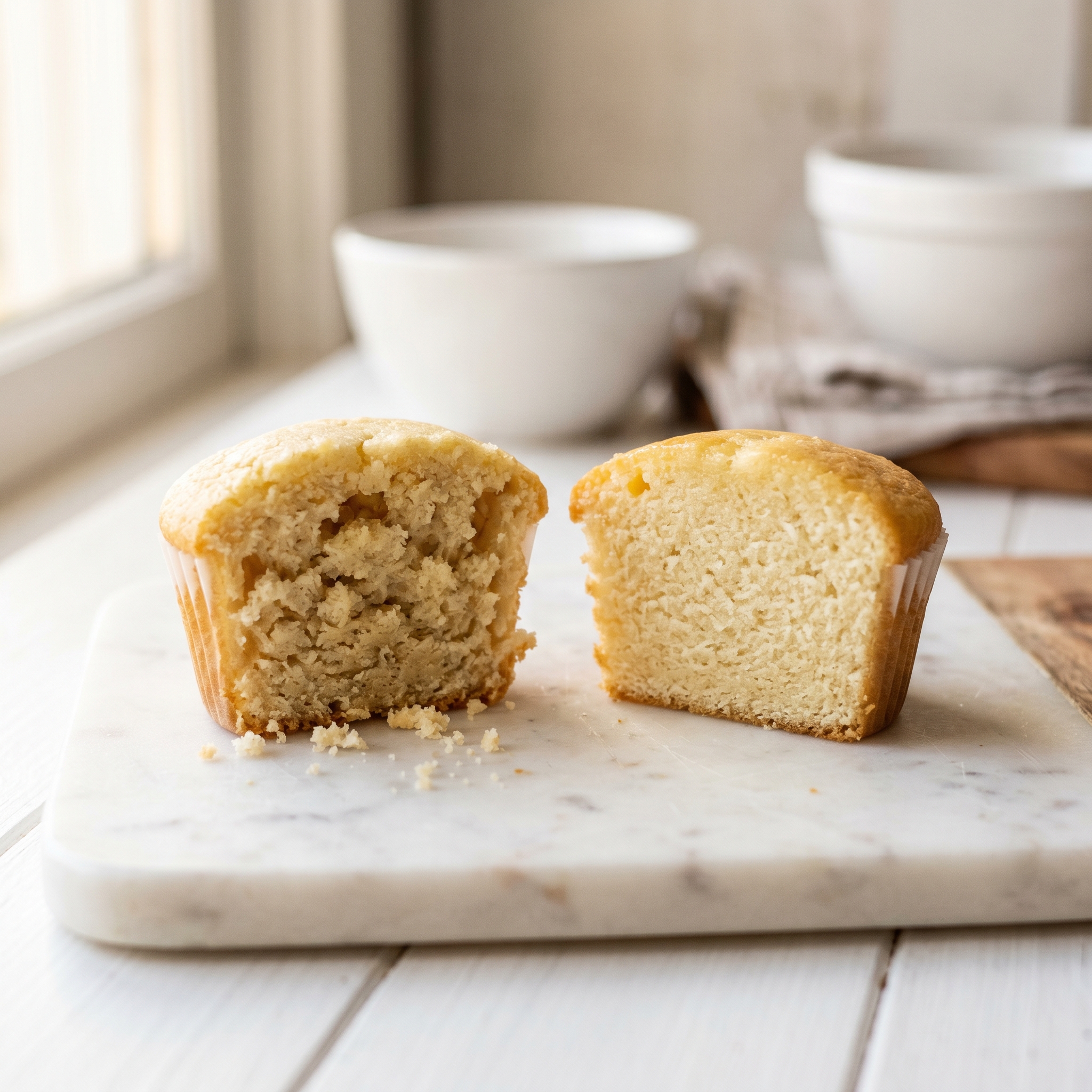 Two cupcakes side by side cut in half, one with a dry crumbly crumb and one with a soft moist crumb, showing the difference on a white board