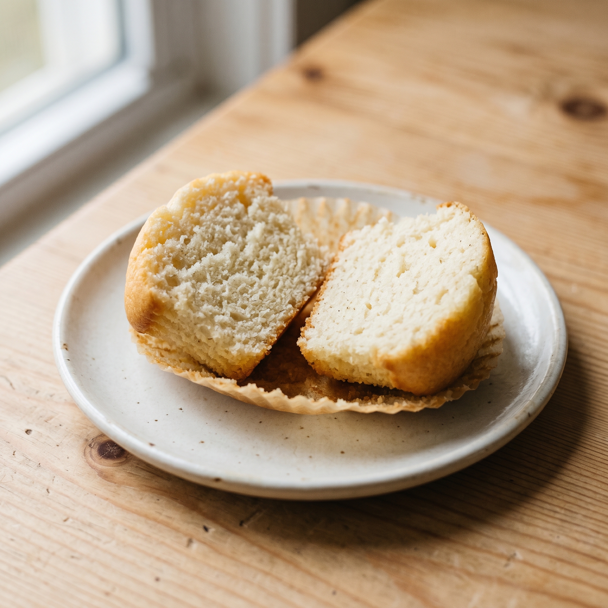 Close-up of a split vanilla cupcake showing a soft, moist crumb with a tight even texture, on a white ceramic plate with natural light