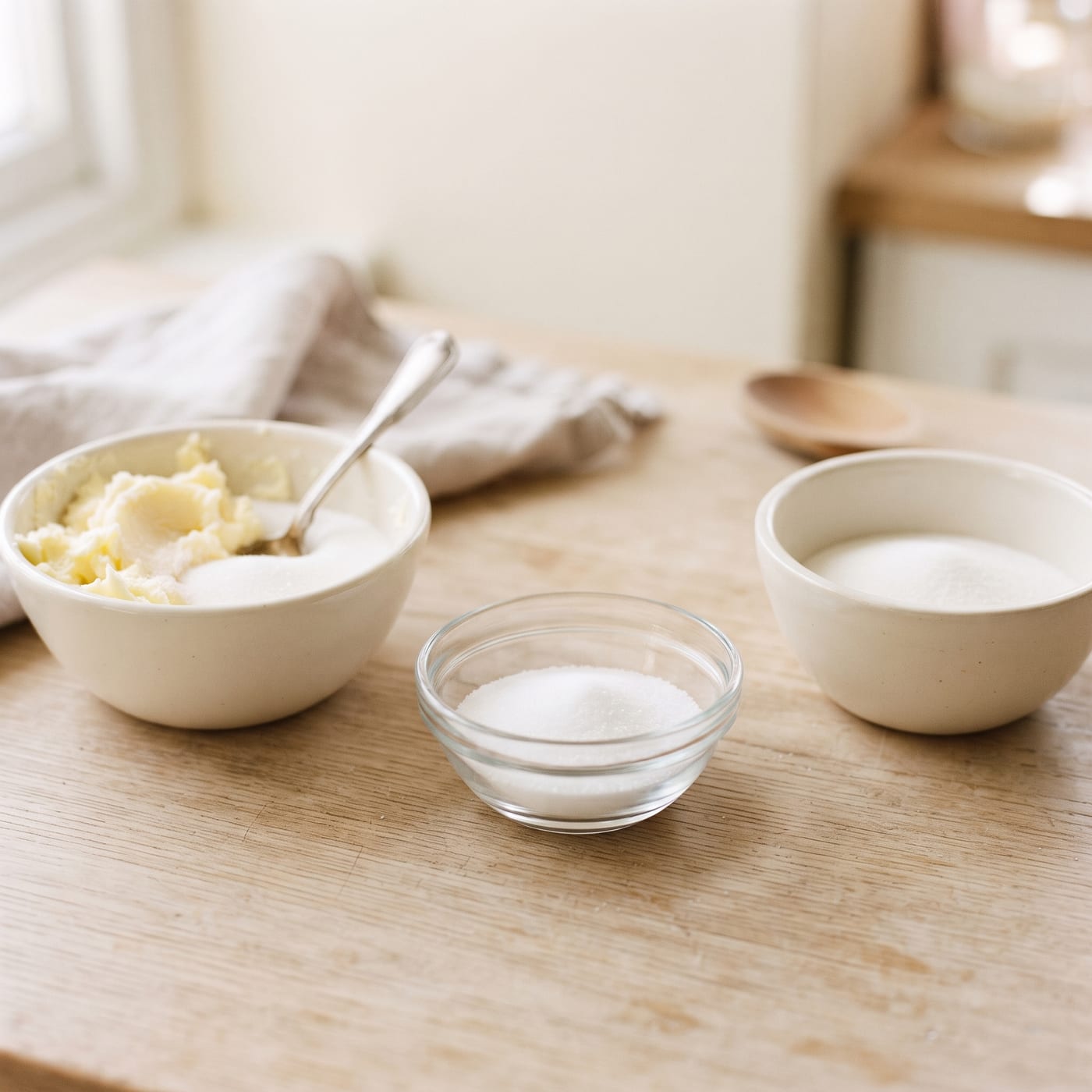 Small glass bowl of salt next to butter and sugar before mixing frosting