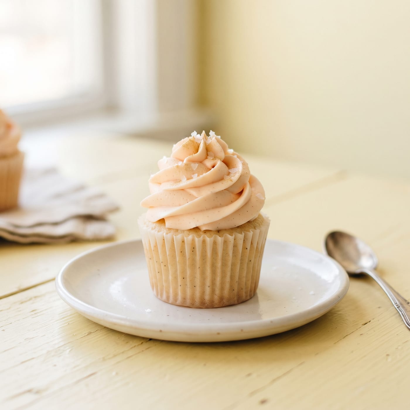 Cupcake with tall swirled frosting and a sprinkle of flaky sea salt on top