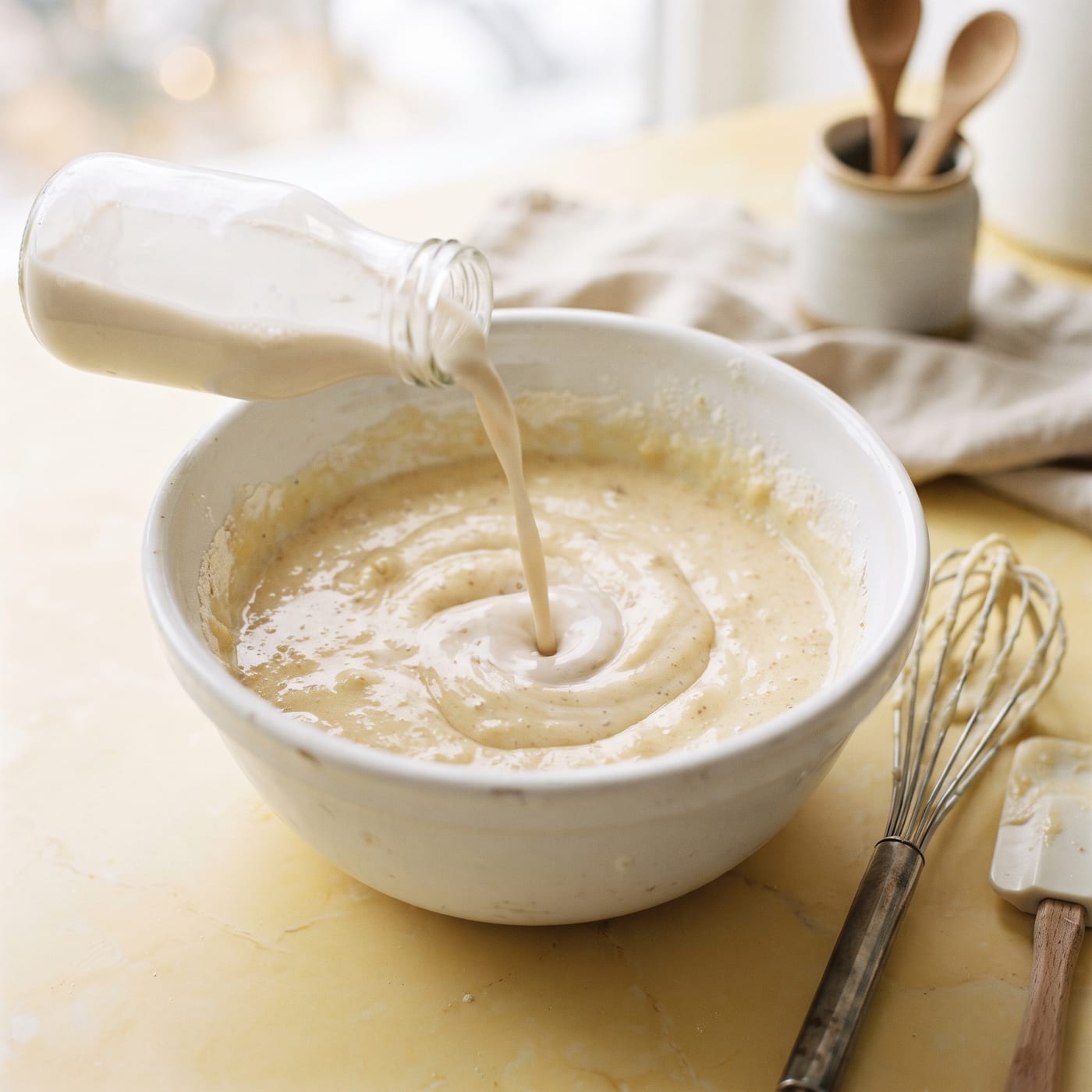 Pouring oat milk into cupcake batter in a mixing bowl