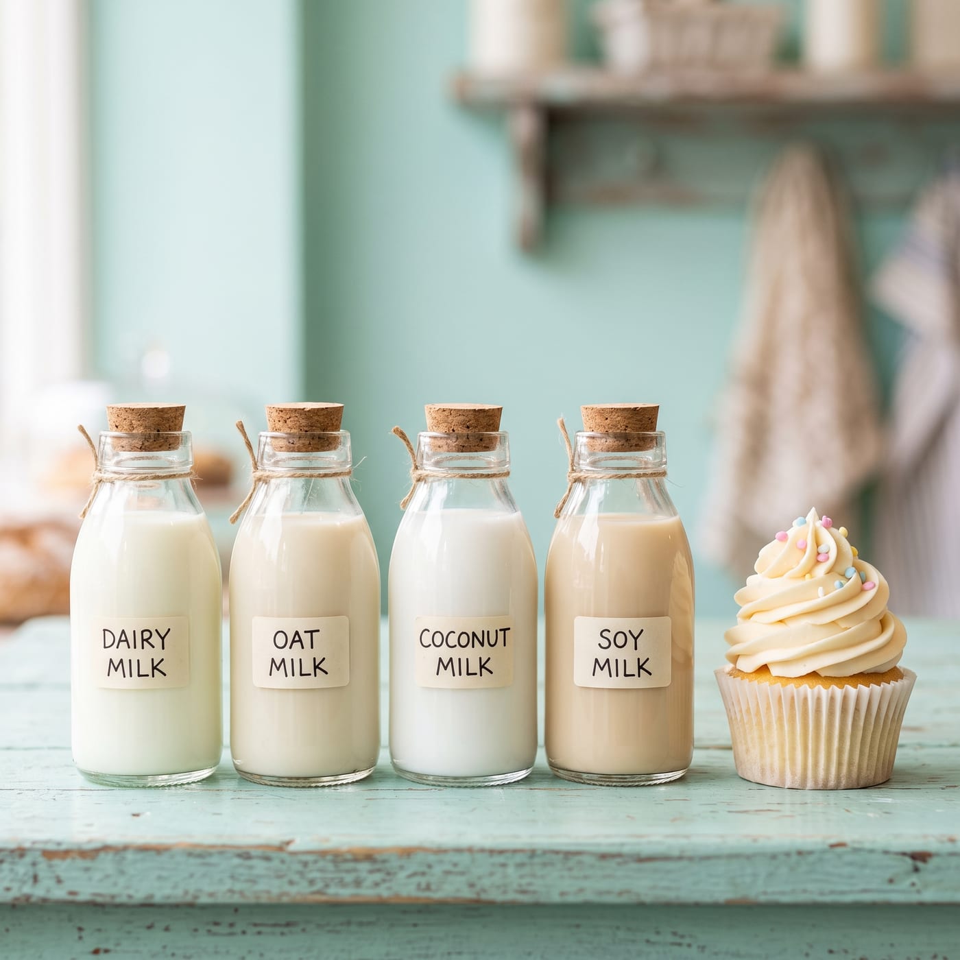 Small glass bottles of dairy, oat, coconut, and soy milk next to a frosted cupcake