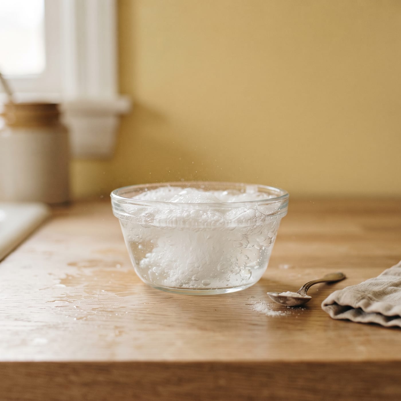 Small glass bowl of baking powder fizzing in water on a light wood counter
