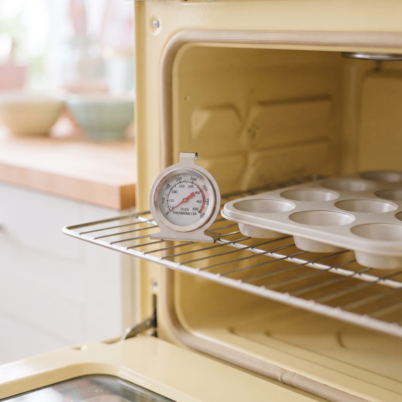 Oven thermometer resting on a center oven rack next to an empty cupcake pan