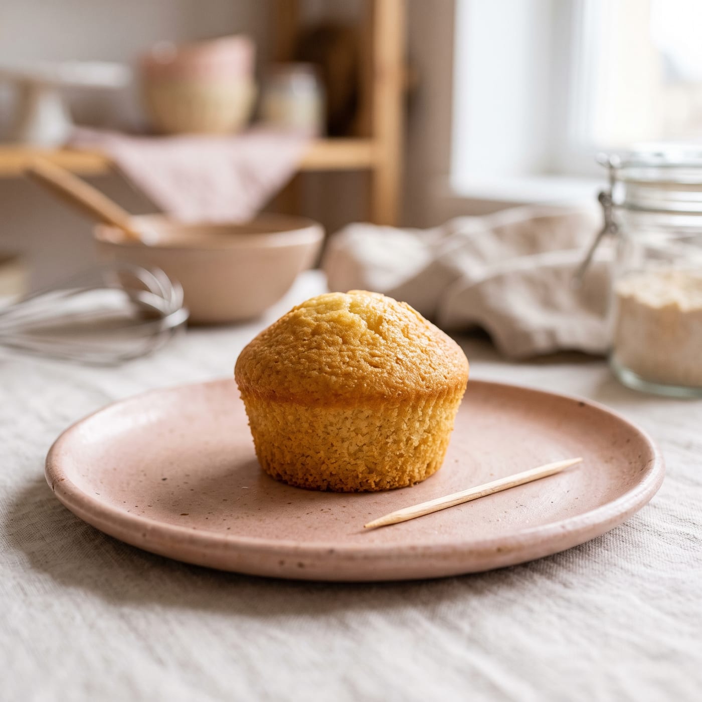 Close up of a golden cupcake dome with even crumb next to a toothpick