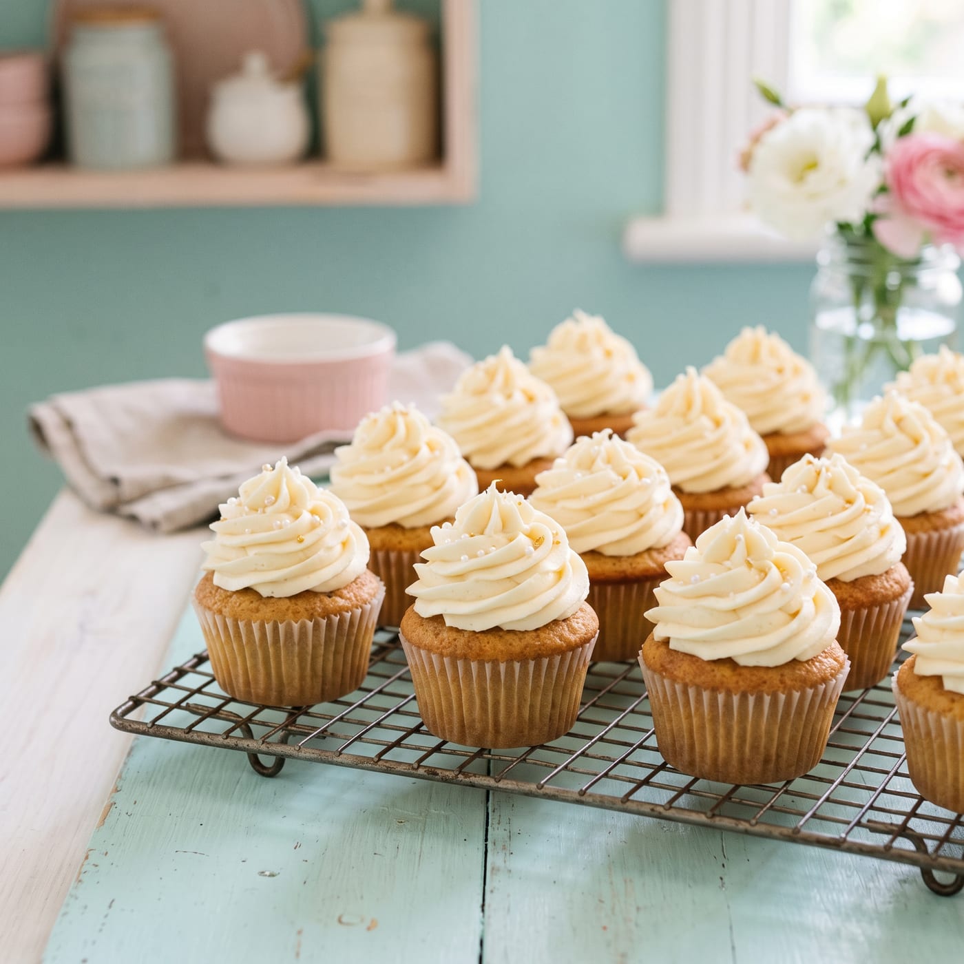 Tall swirled frosted cupcakes cooling on a rack near an open oven door