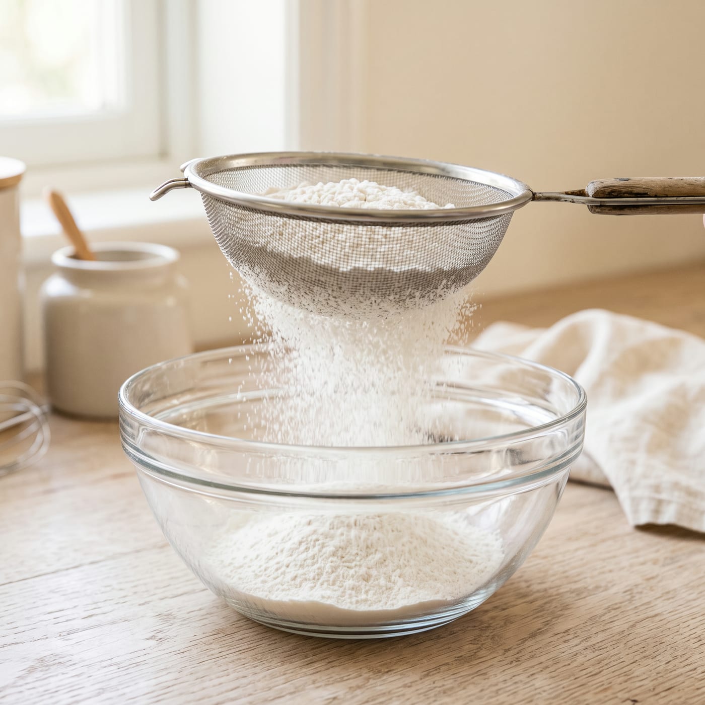 Flour being sifted through a fine mesh sieve into a glass mixing bowl