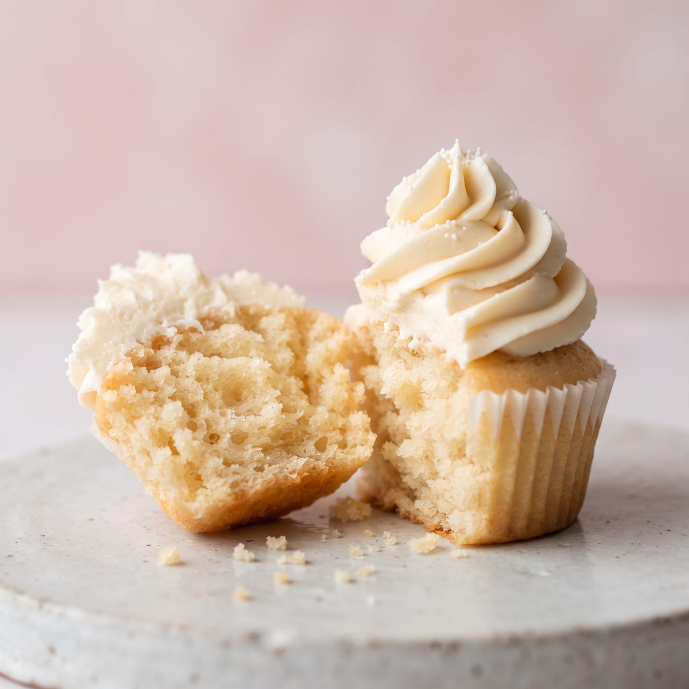 Close up of a fluffy vanilla cupcake with tall swirled frosting and a soft airy crumb visible in the torn half