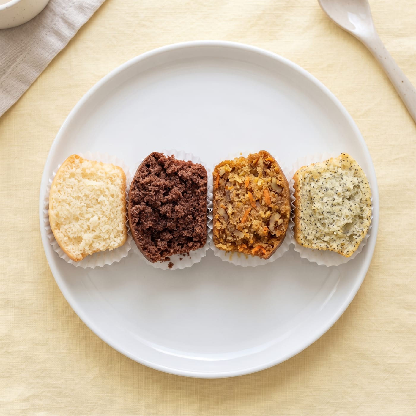Four cupcakes side by side showing different crumb textures from cake flour, all-purpose flour, gluten-free blend, and almond flour