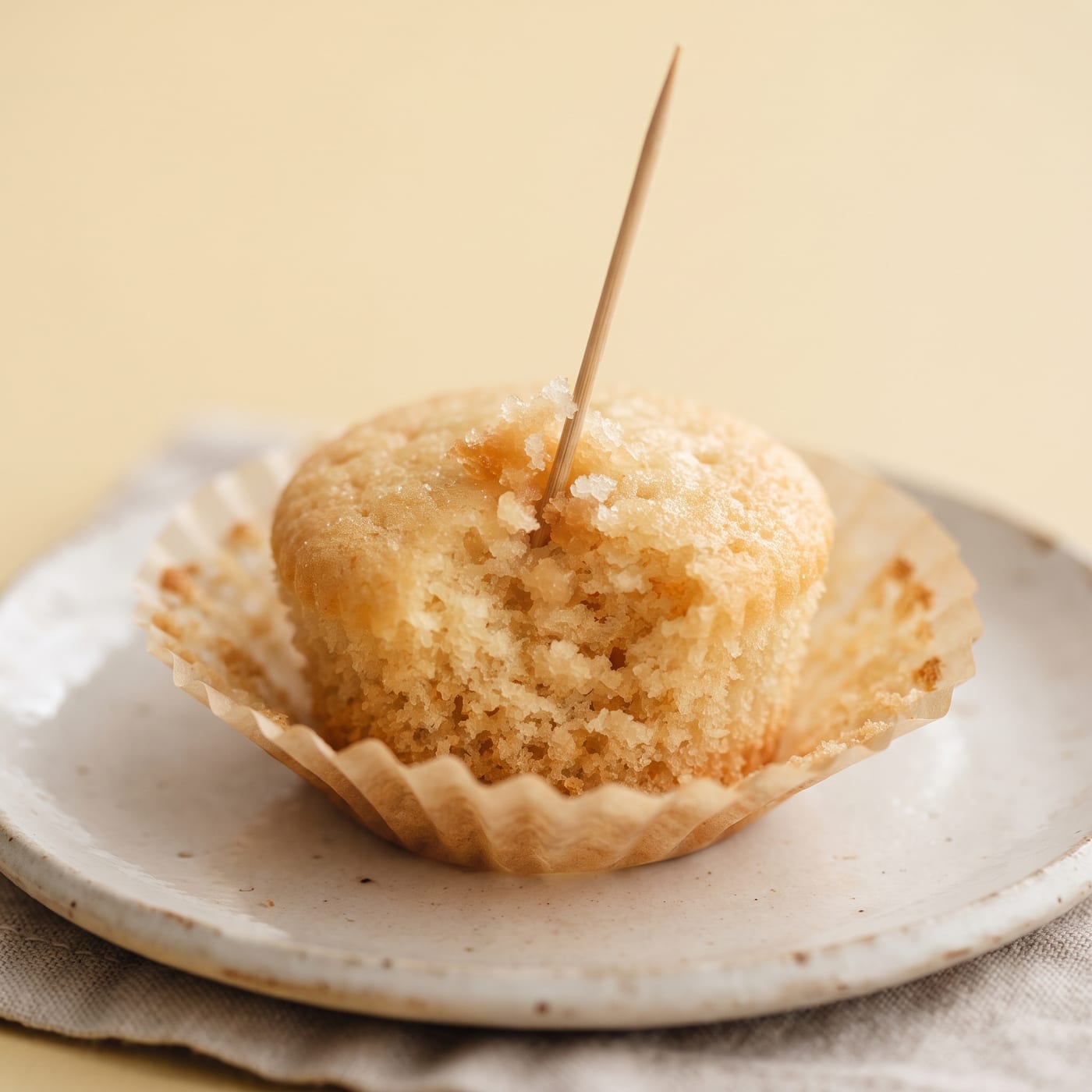 A toothpick being inserted into a cupcake to check for moist crumbs
