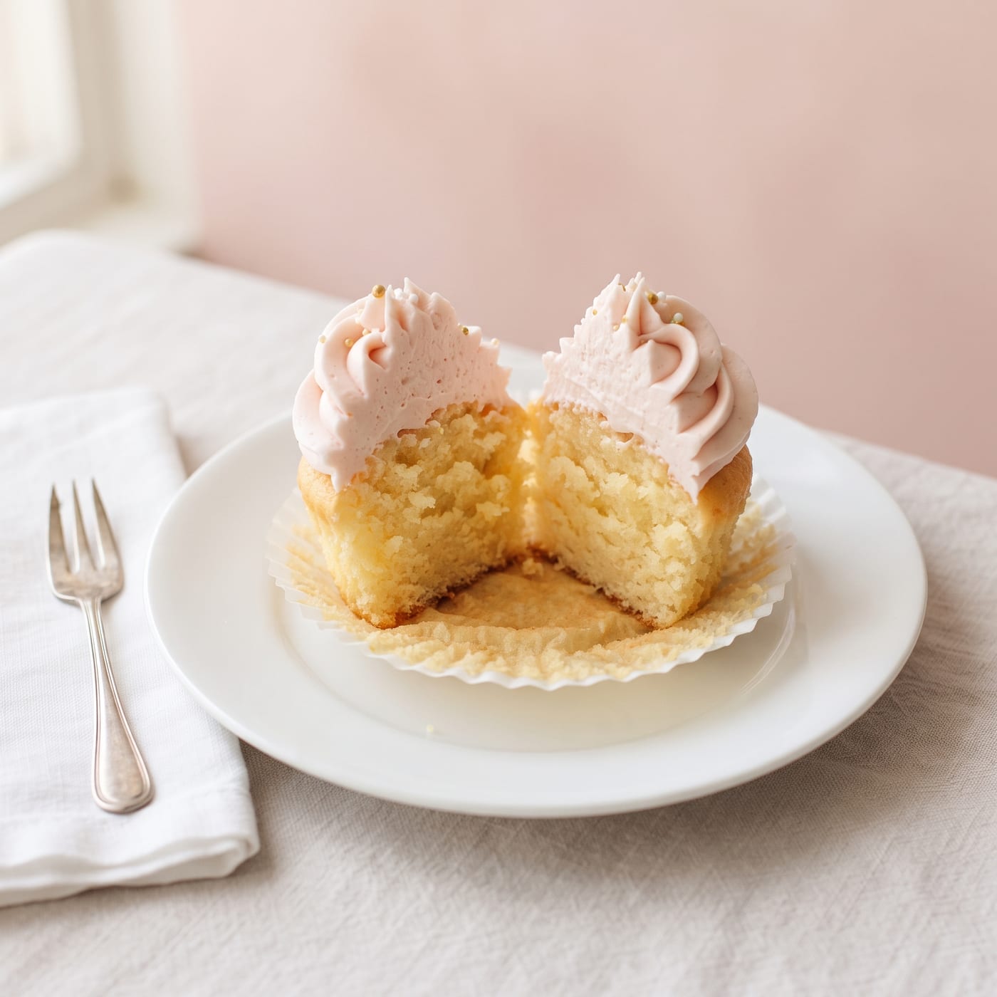 A cupcake cut in half showing a soft moist crumb