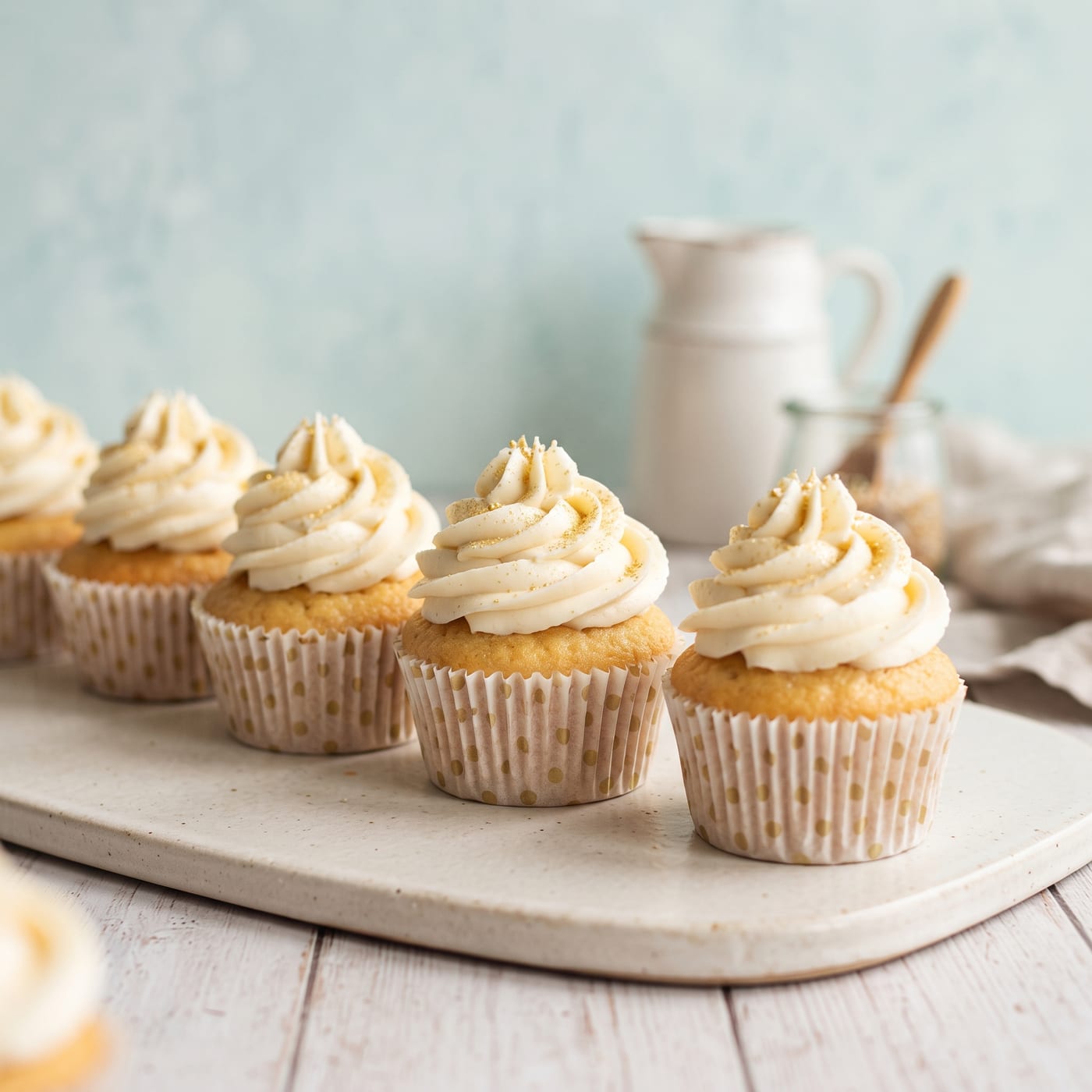 A row of golden cupcakes with tall swirled frosting on a pale aqua background