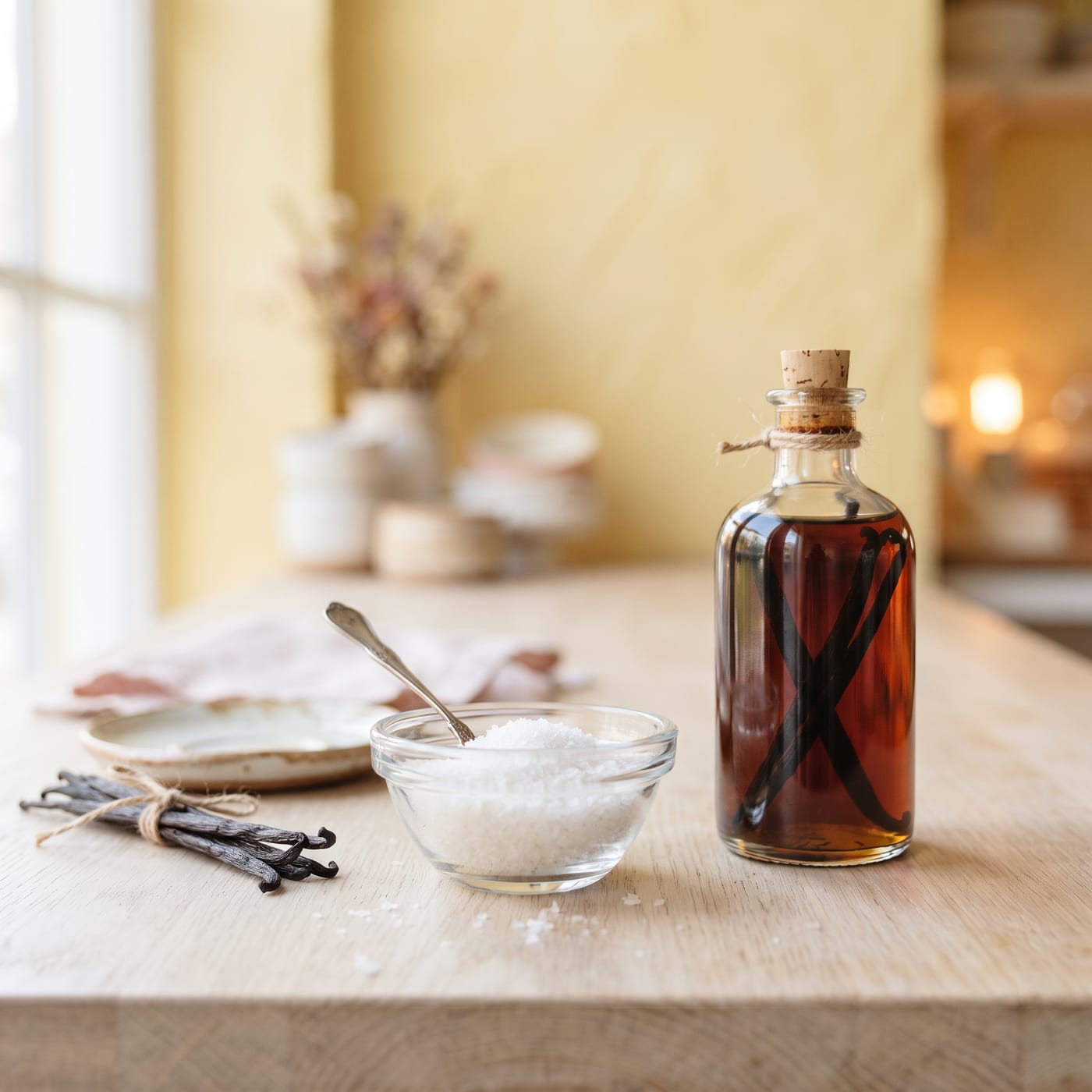 Small glass bowl of fine salt next to bottle of real vanilla extract on light wood counter