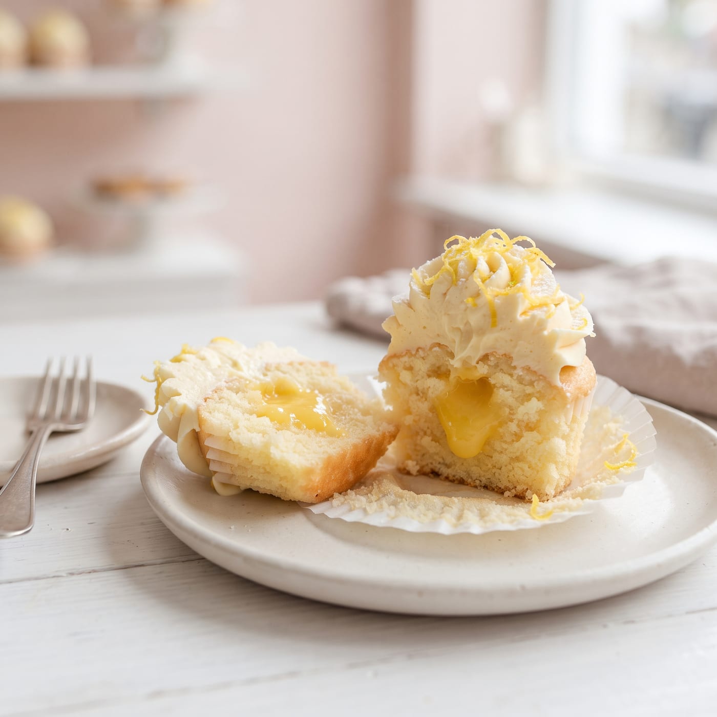 Cross section of cupcake showing lemon curd filling and citrus zest topped frosting