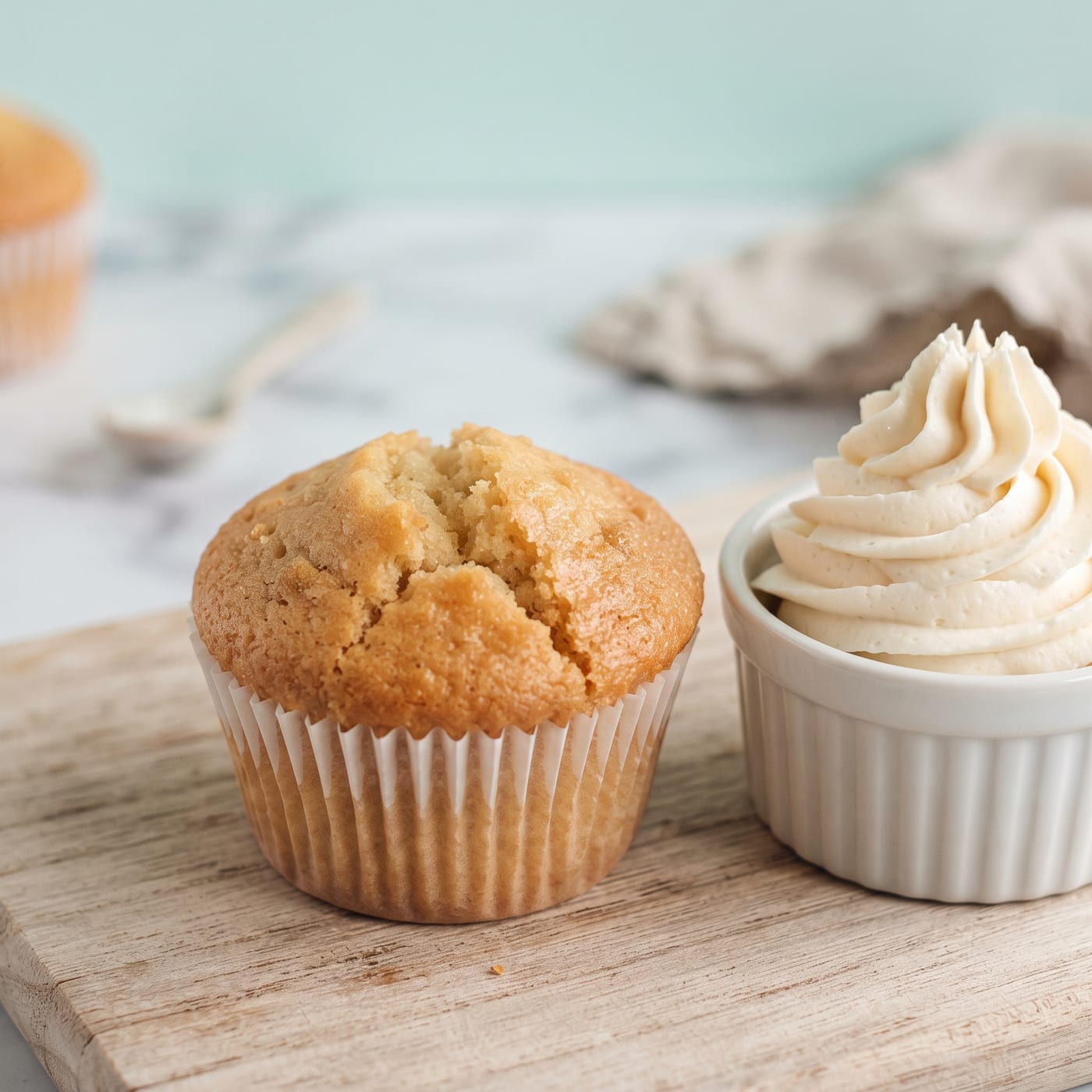 Close up of a single cupcake top showing a visible crack across the surface with tall frosting swirl beside it