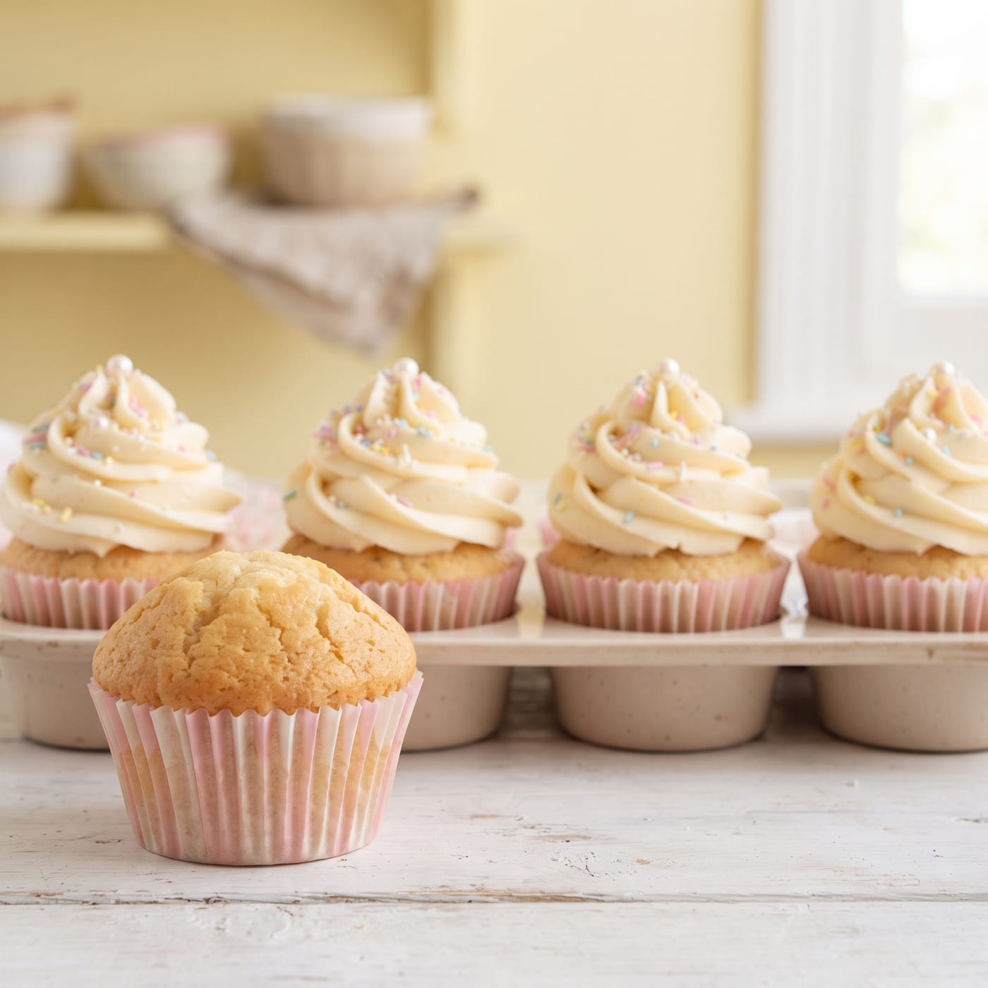 A row of vanilla cupcakes with smooth domed tops next to one with a cracked top, tall swirled frosting on a butter yellow background