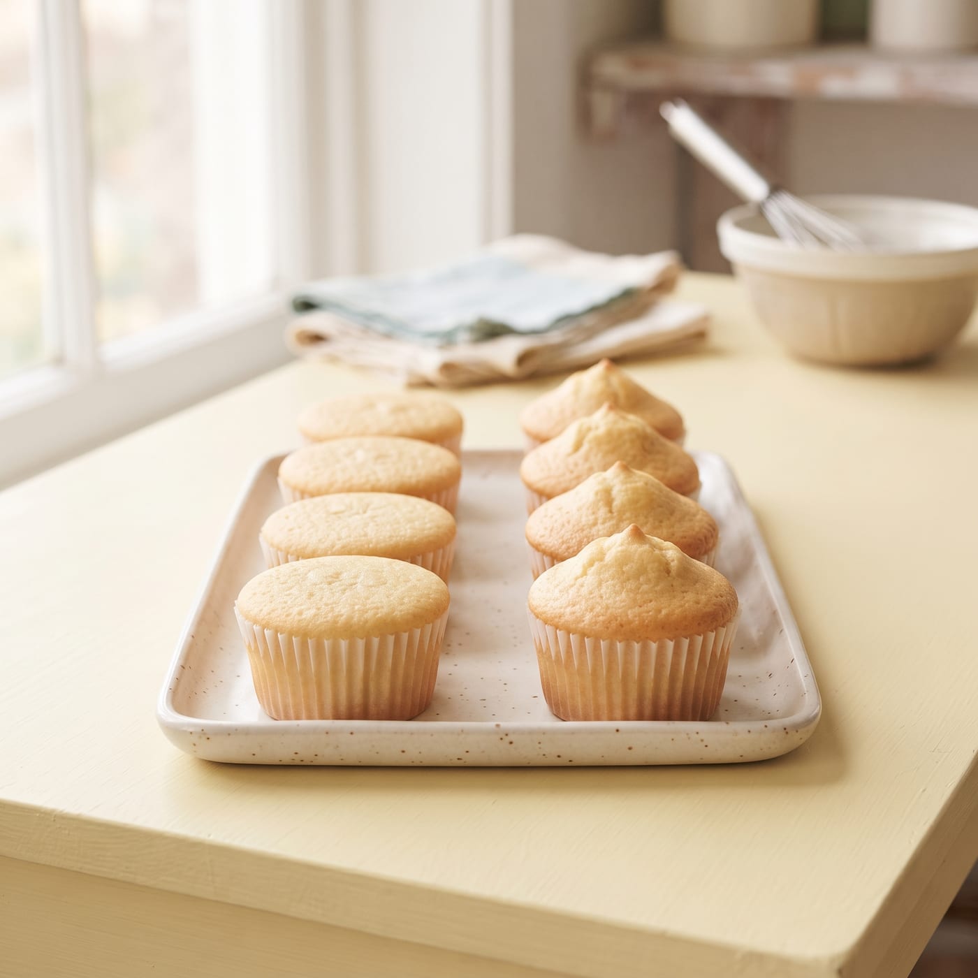 Side by side cupcakes showing a flat top and a domed top on a bakery counter