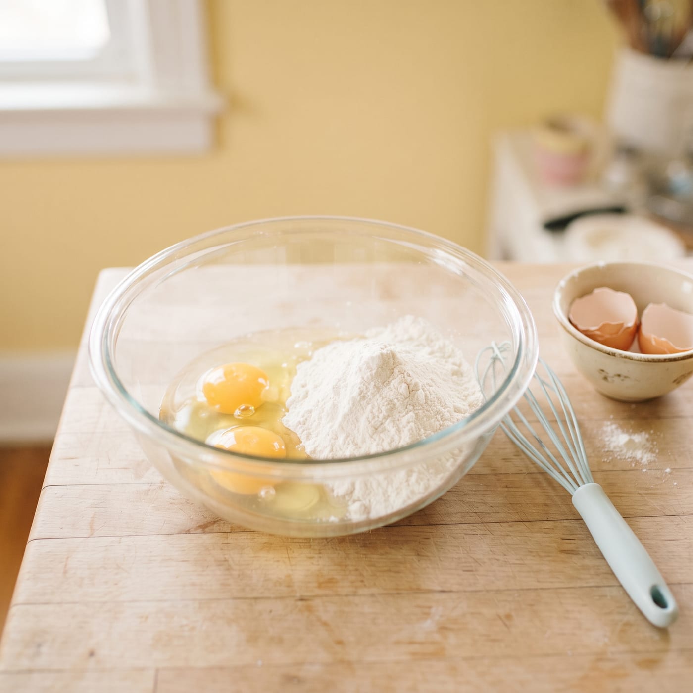 Cracked eggs and flour in a glass bowl being measured for cupcake batter