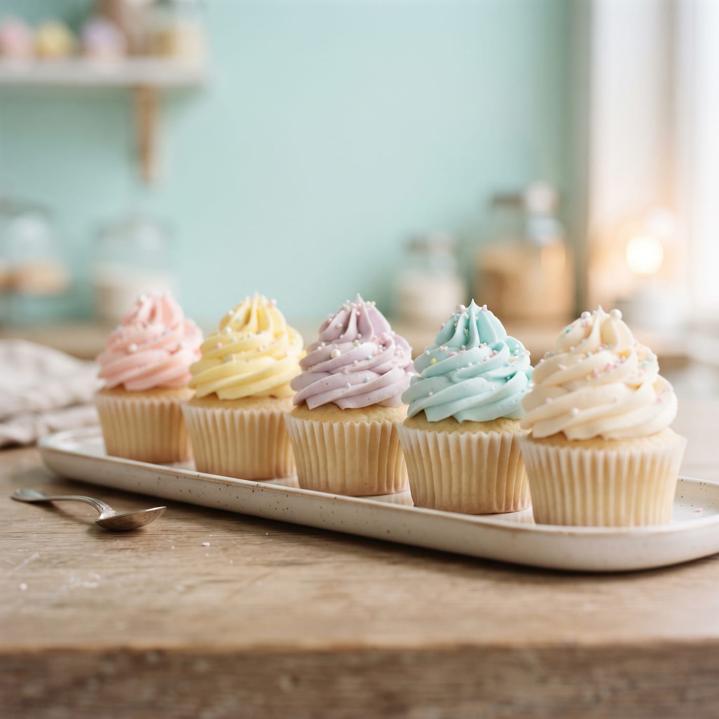Fresh cupcakes on a pale aqua background with tall swirled frosting piped high